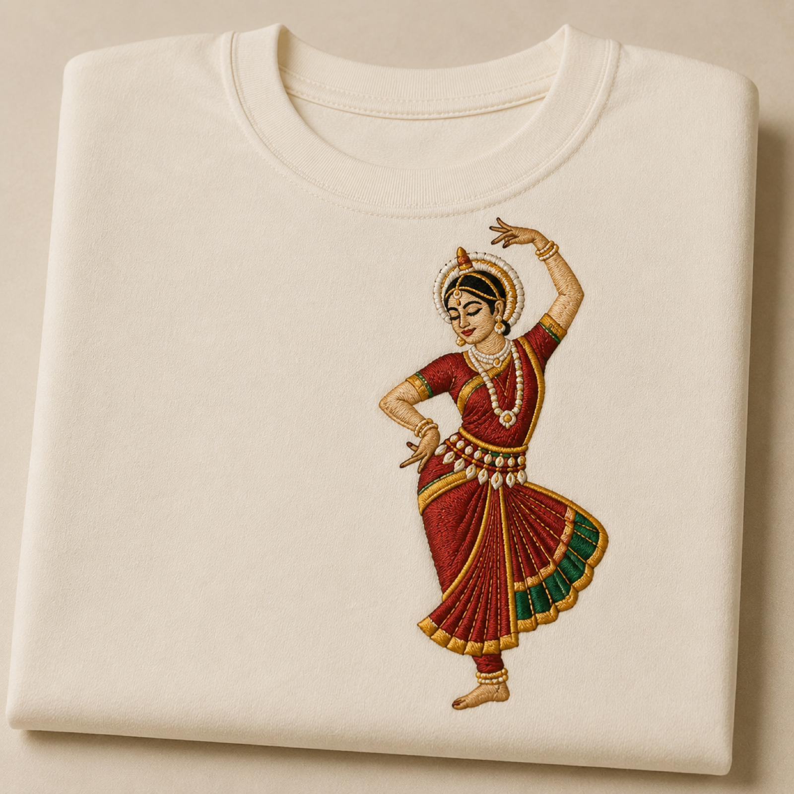 Machine-embroidered Odissi dancer on a t-shirt