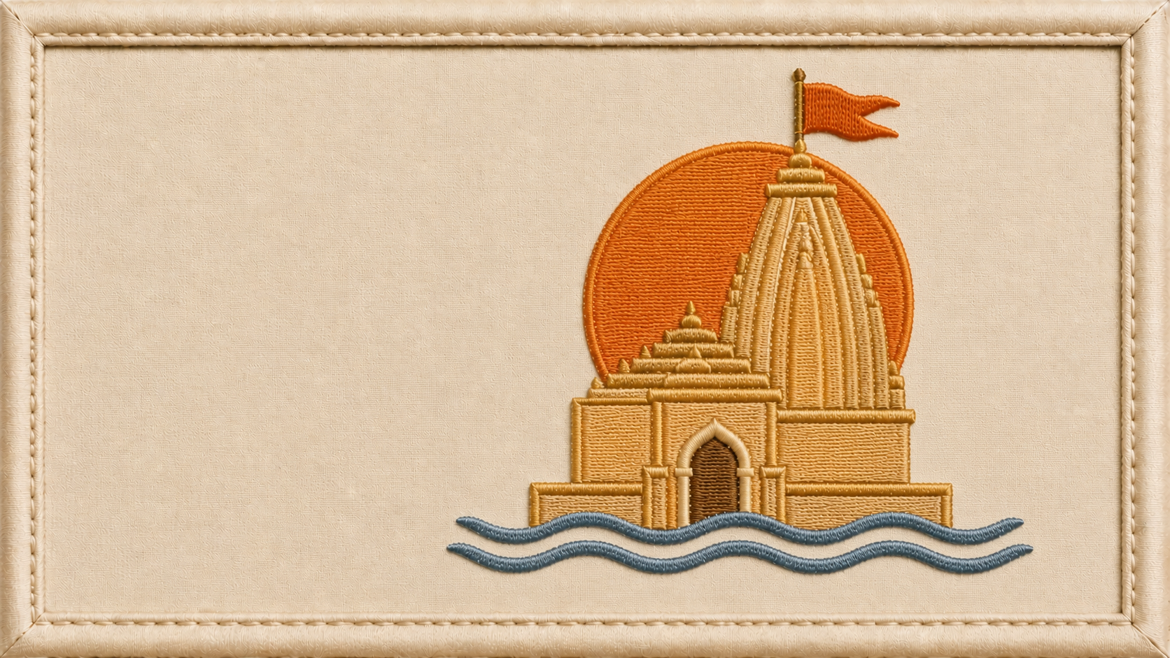 Machine-embroidered Somnath Temple emblem on cream with sun and sea