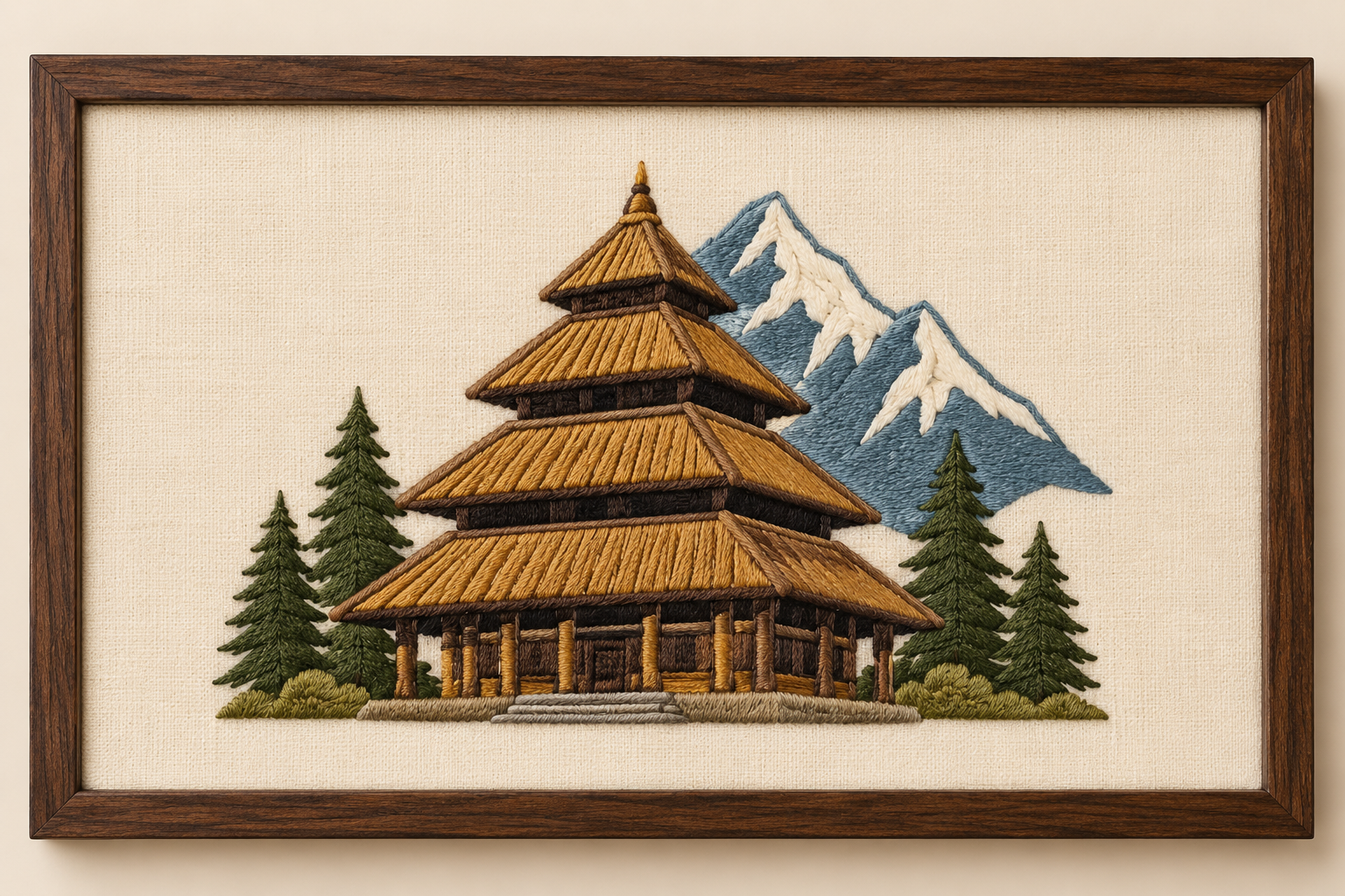 Machine-embroidered Hidimba Devi Temple and Himalayan peak, Himachal Pradesh