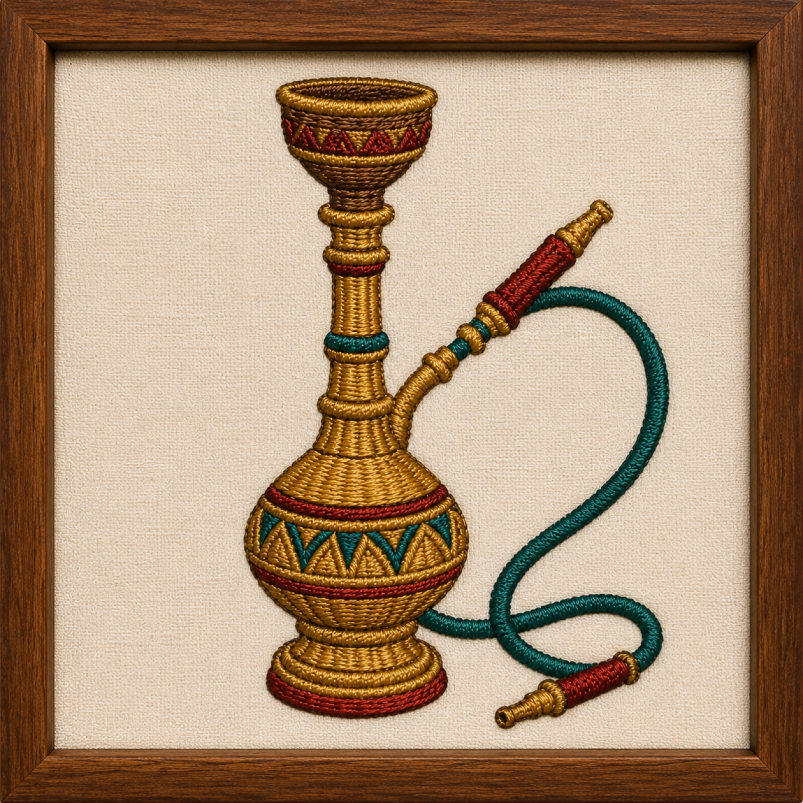 Machine-embroidered brass hookah framed panel