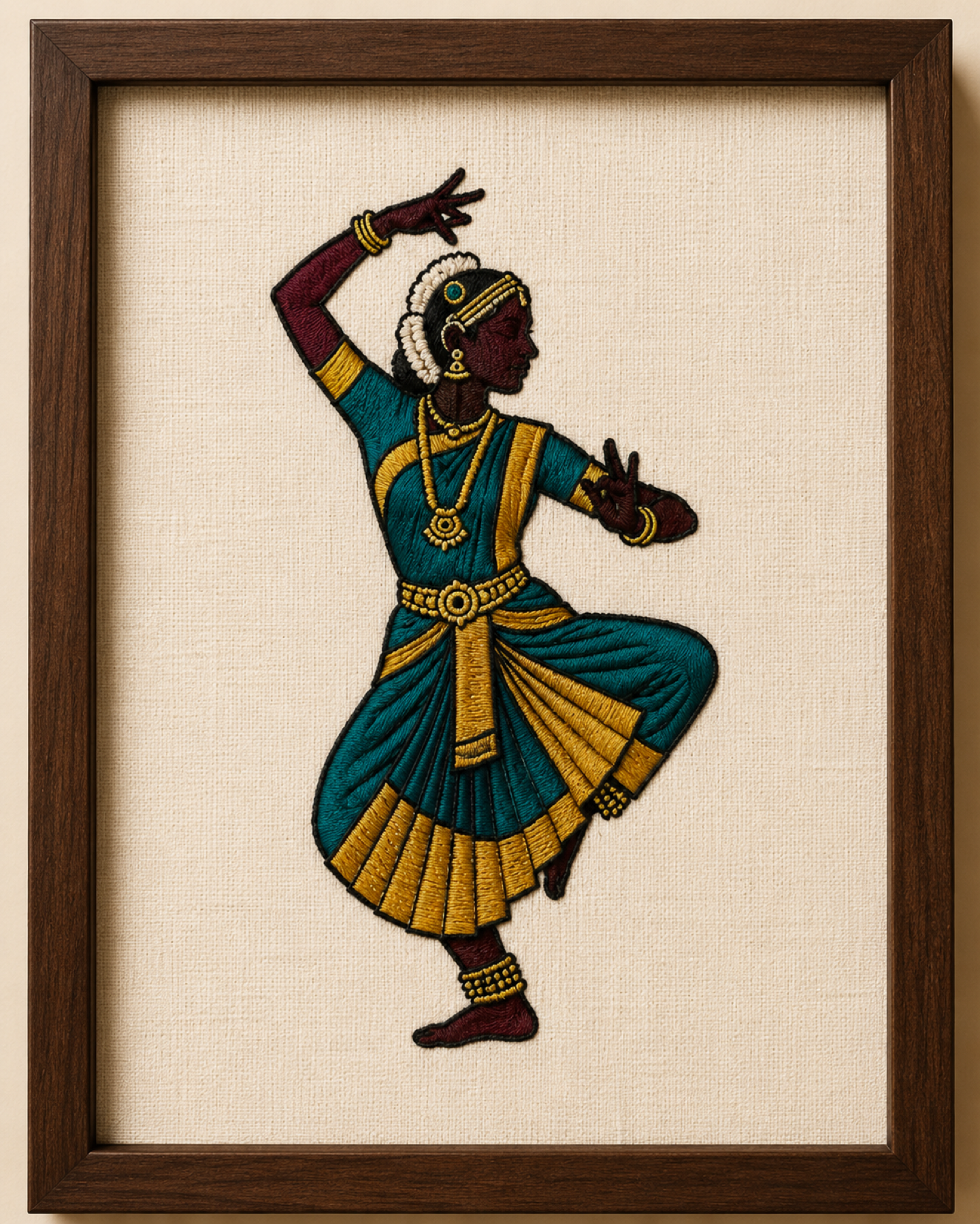 Framed embroidered Bharatanatyam dancer in a classic pose