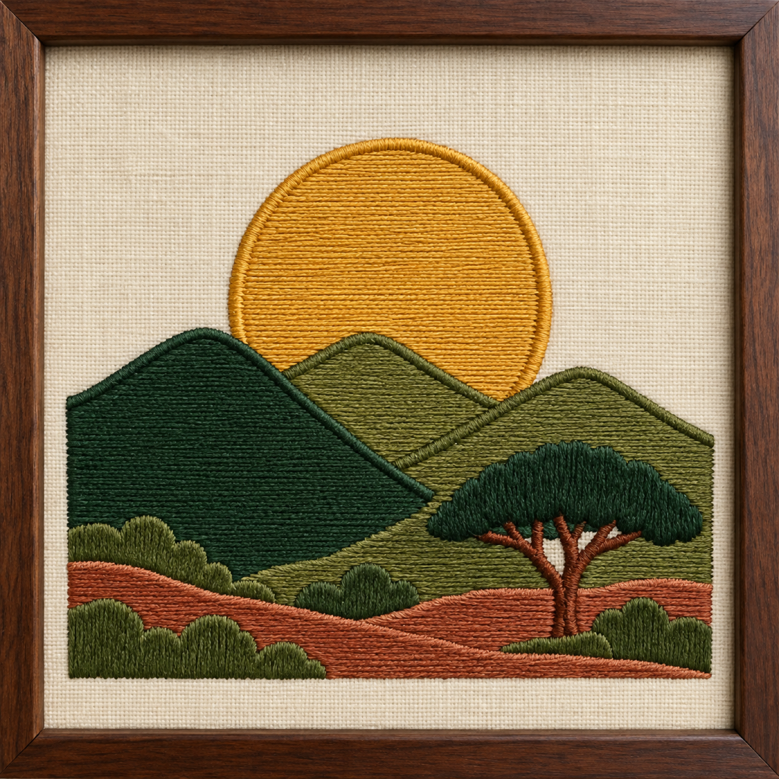 Aravalli hills sunrise embroidered framed art, Gurugram