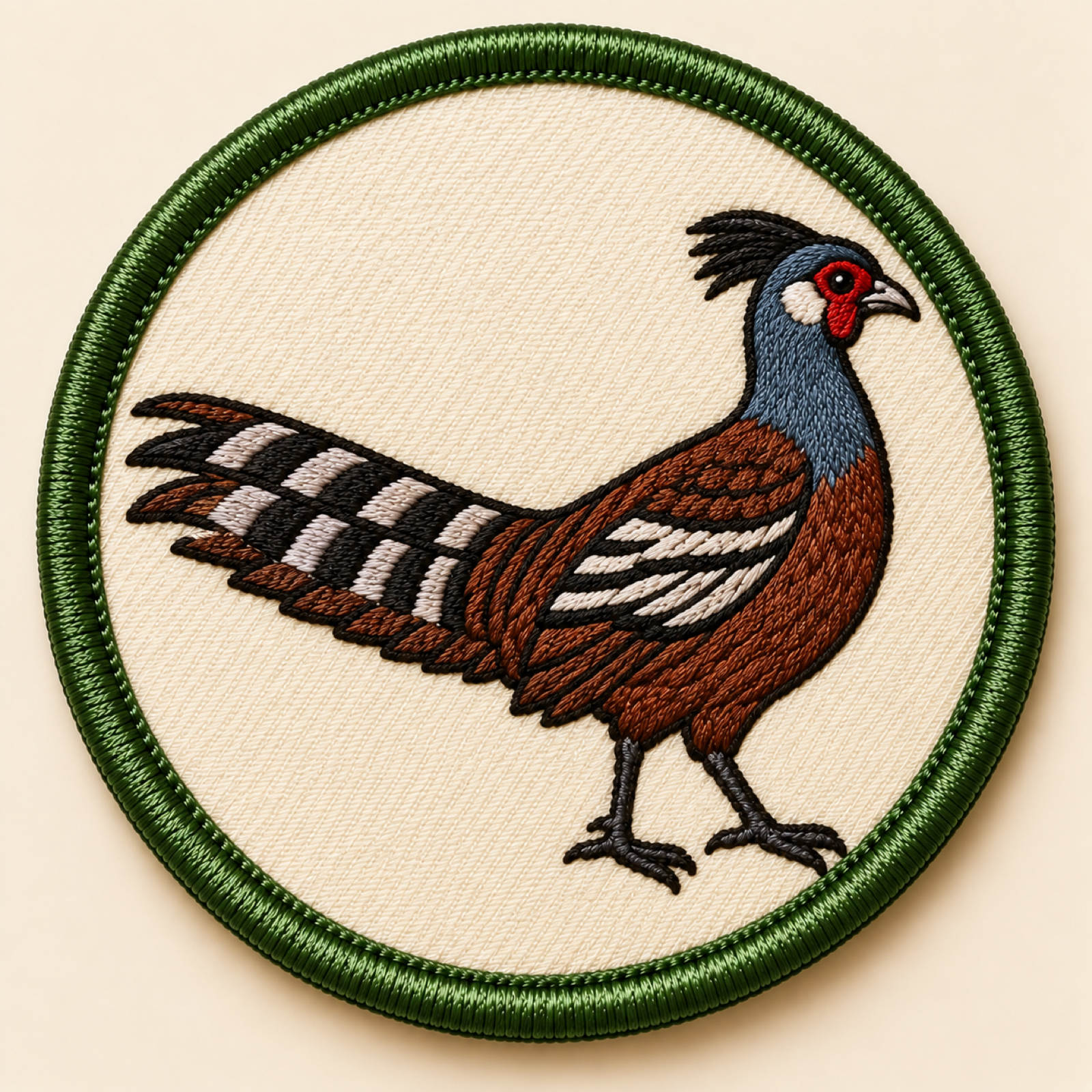Machine-embroidered Mrs Hume's pheasant round patch, Mizoram state bird