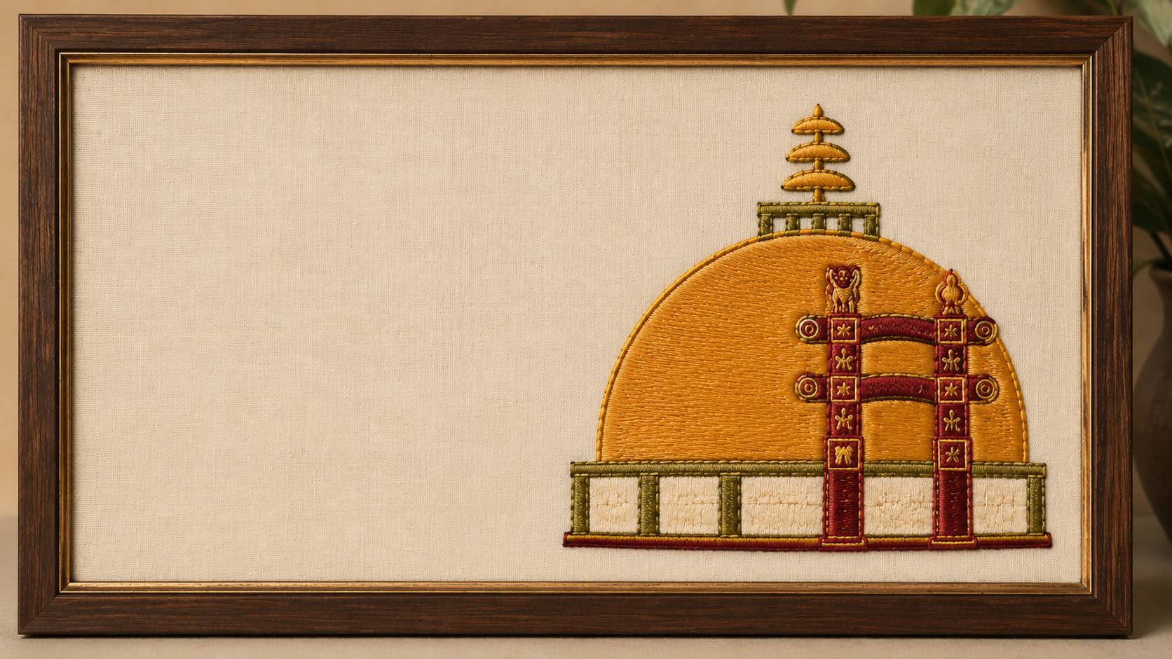 Machine-embroidered emblem of the Great Stupa of Sanchi, Madhya Pradesh