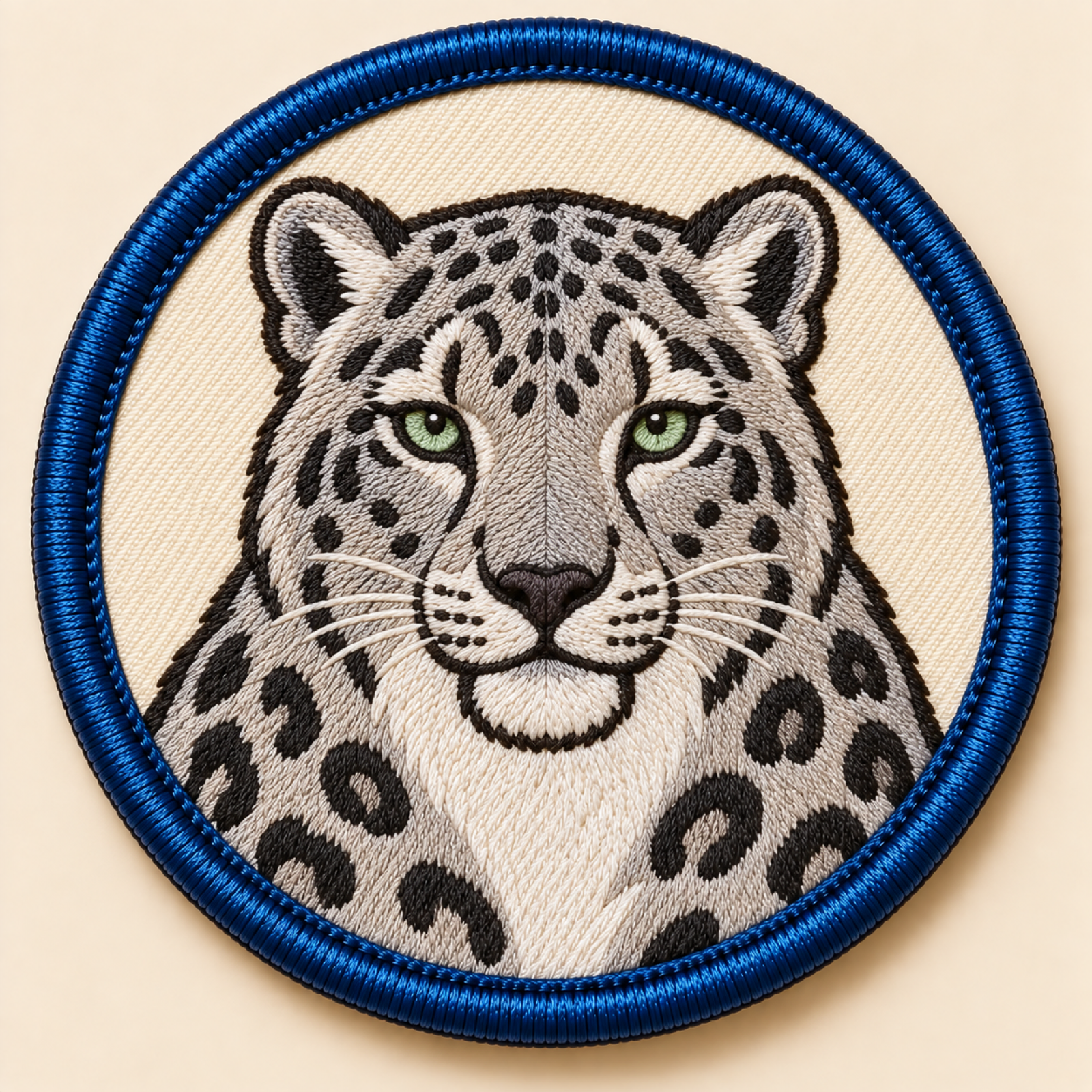 Machine-embroidered snow leopard round patch, Ladakh