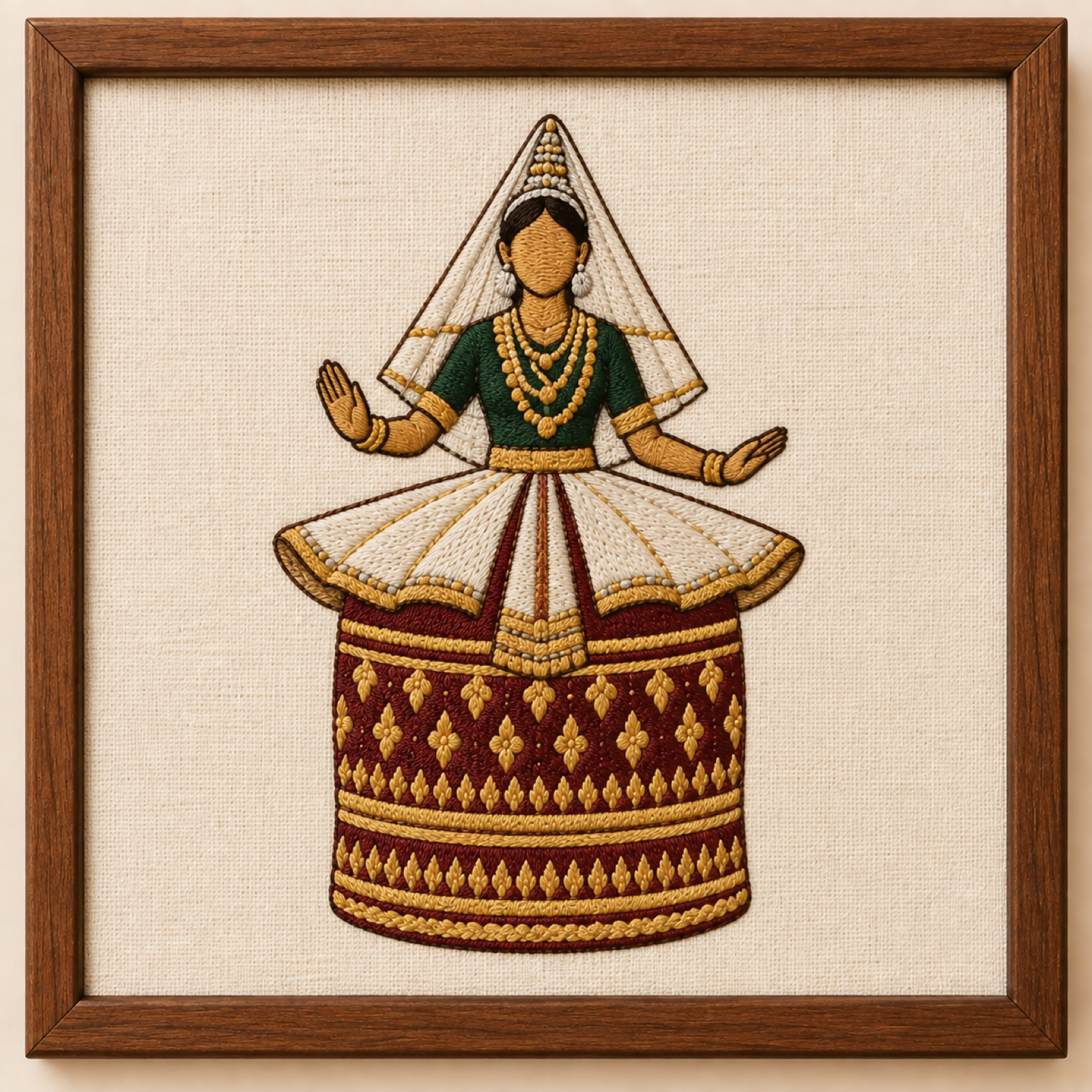 Machine-embroidered Manipuri Ras Leela dancer in a cylindrical potloi skirt, framed panel