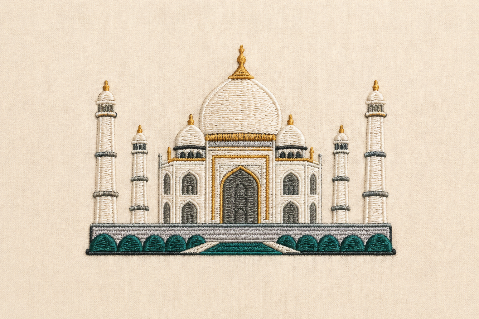Machine-embroidered Taj Mahal emblem in ivory, gold and teal on cream fabric