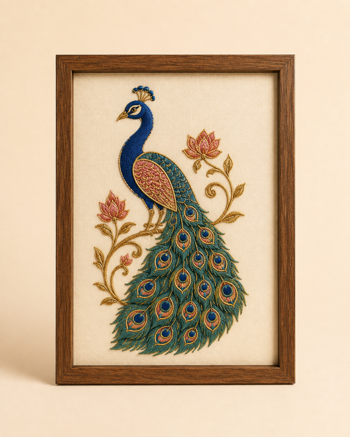 Embroidered Rajasthani peacock framed wall art