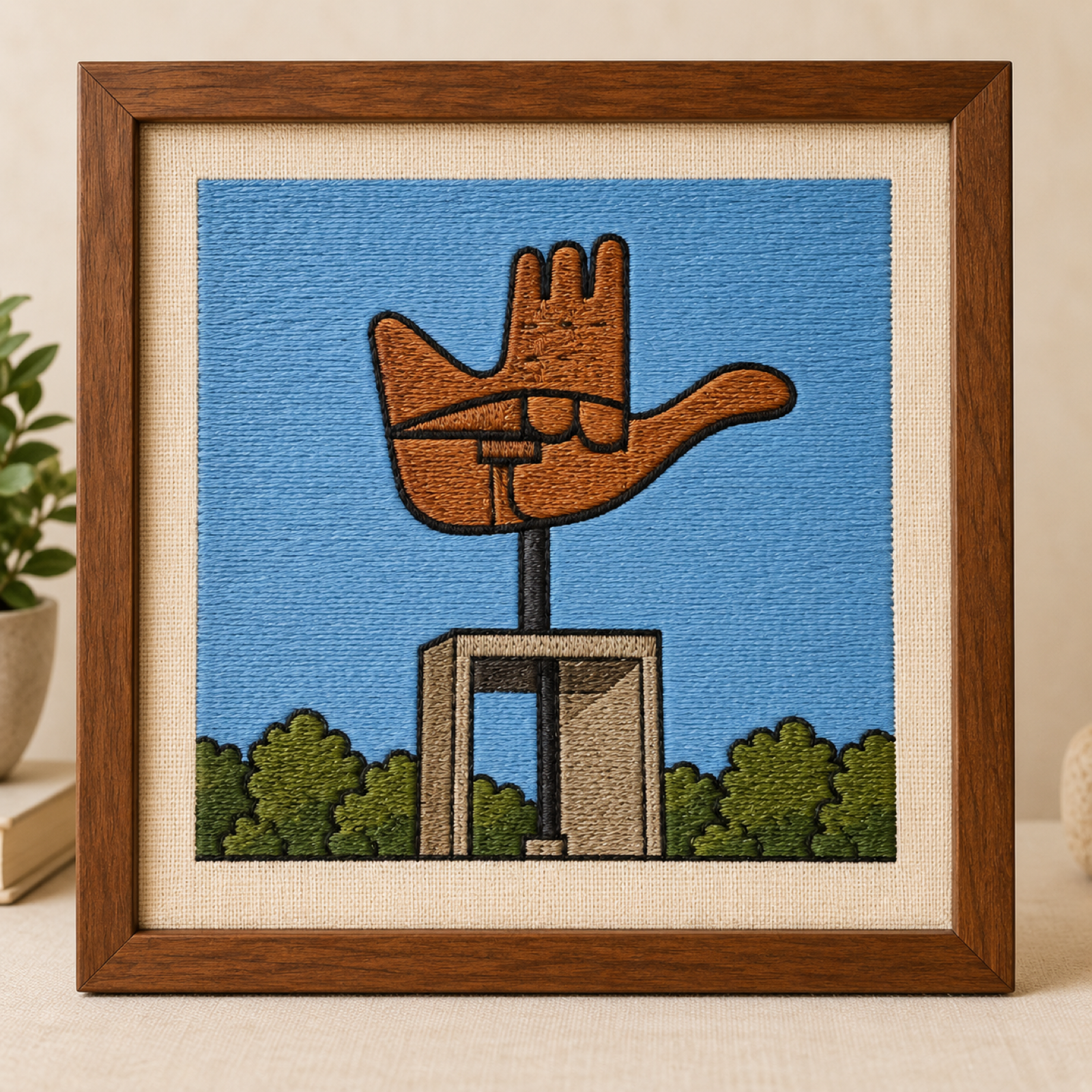 Machine-embroidered Chandigarh Open Hand Monument against a blue sky