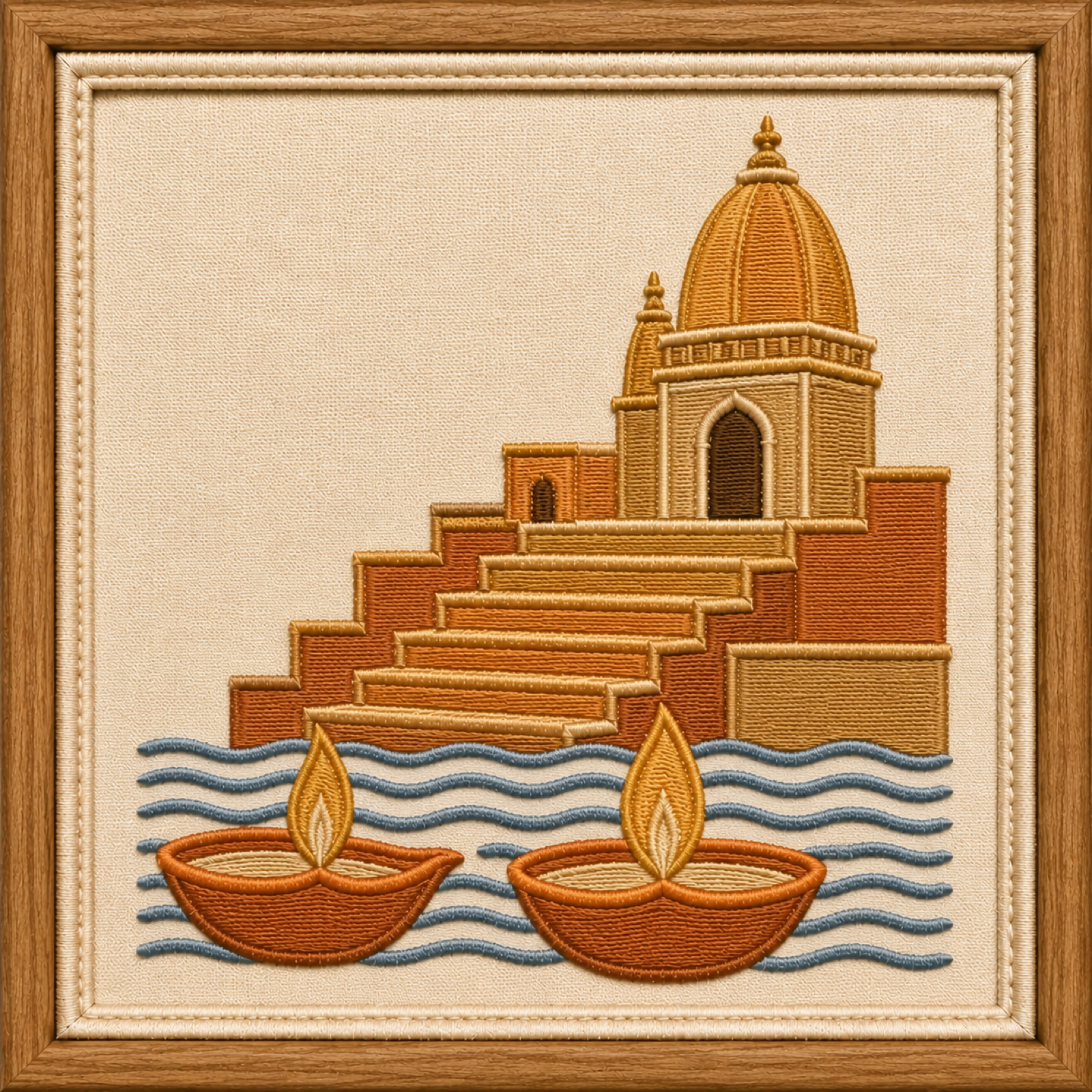 Framed embroidered art of the Varanasi ghats with temple spire, boat and diyas