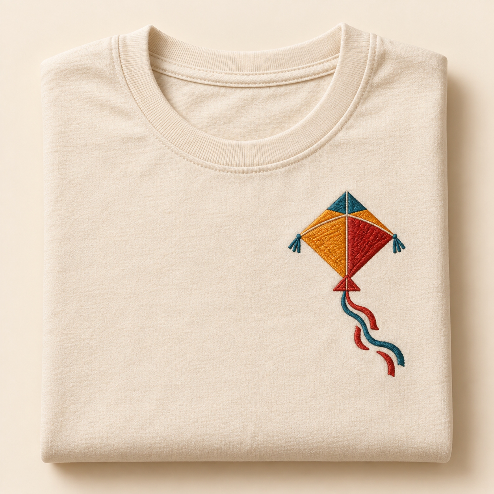 Machine-embroidered Uttarayan festival kite on a t-shirt, Ahmedabad