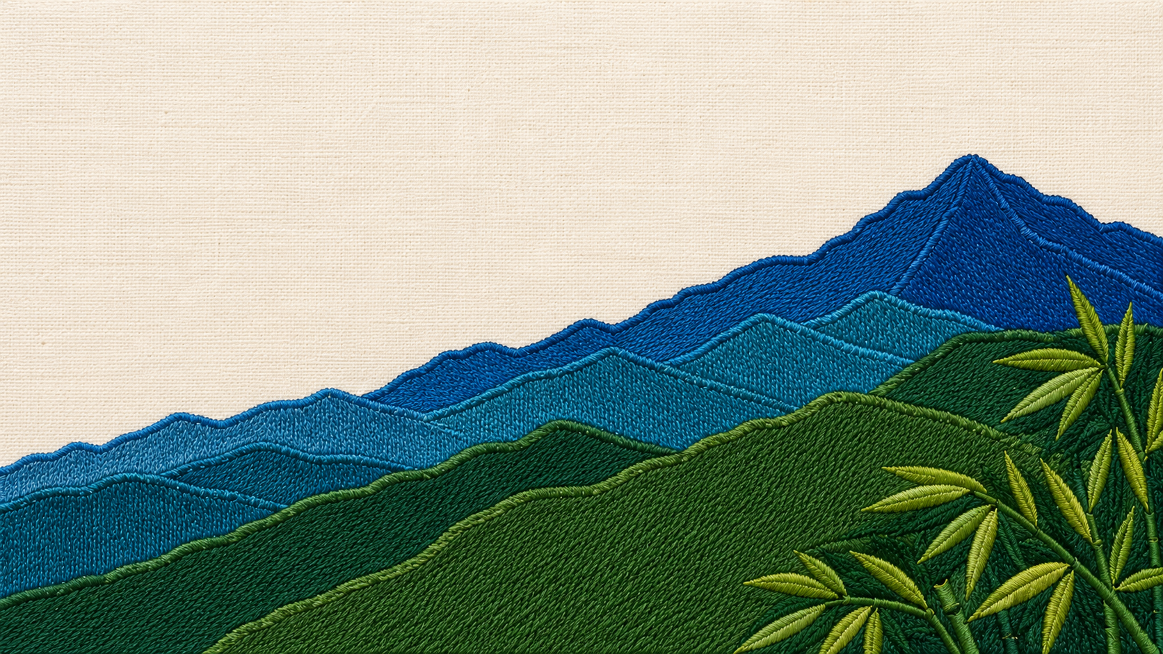 Machine-embroidered layered blue hills of Mizoram with Phawngpui peak