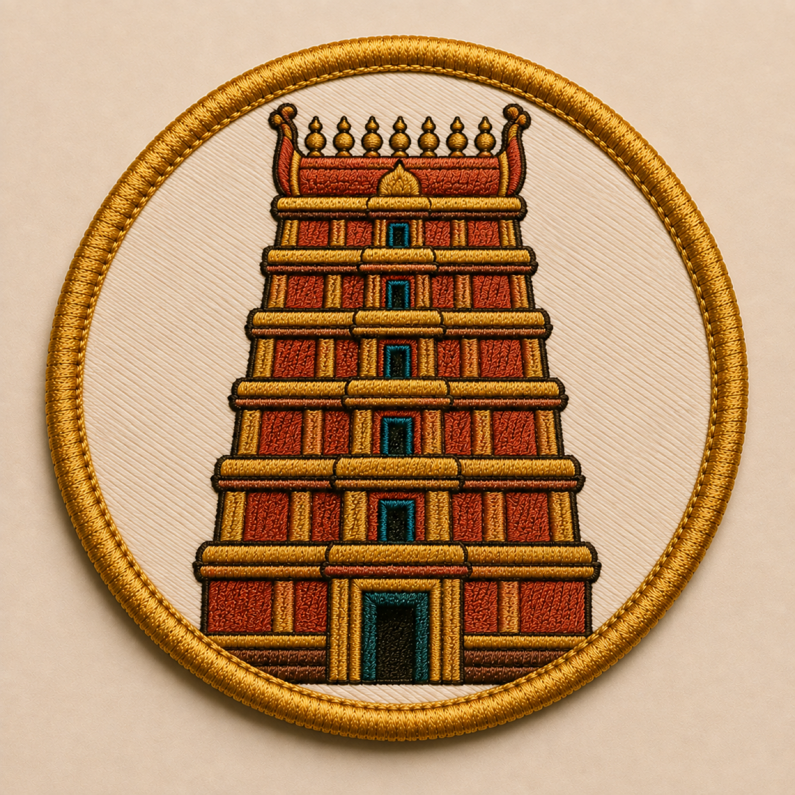 Machine-embroidered temple gopuram round patch