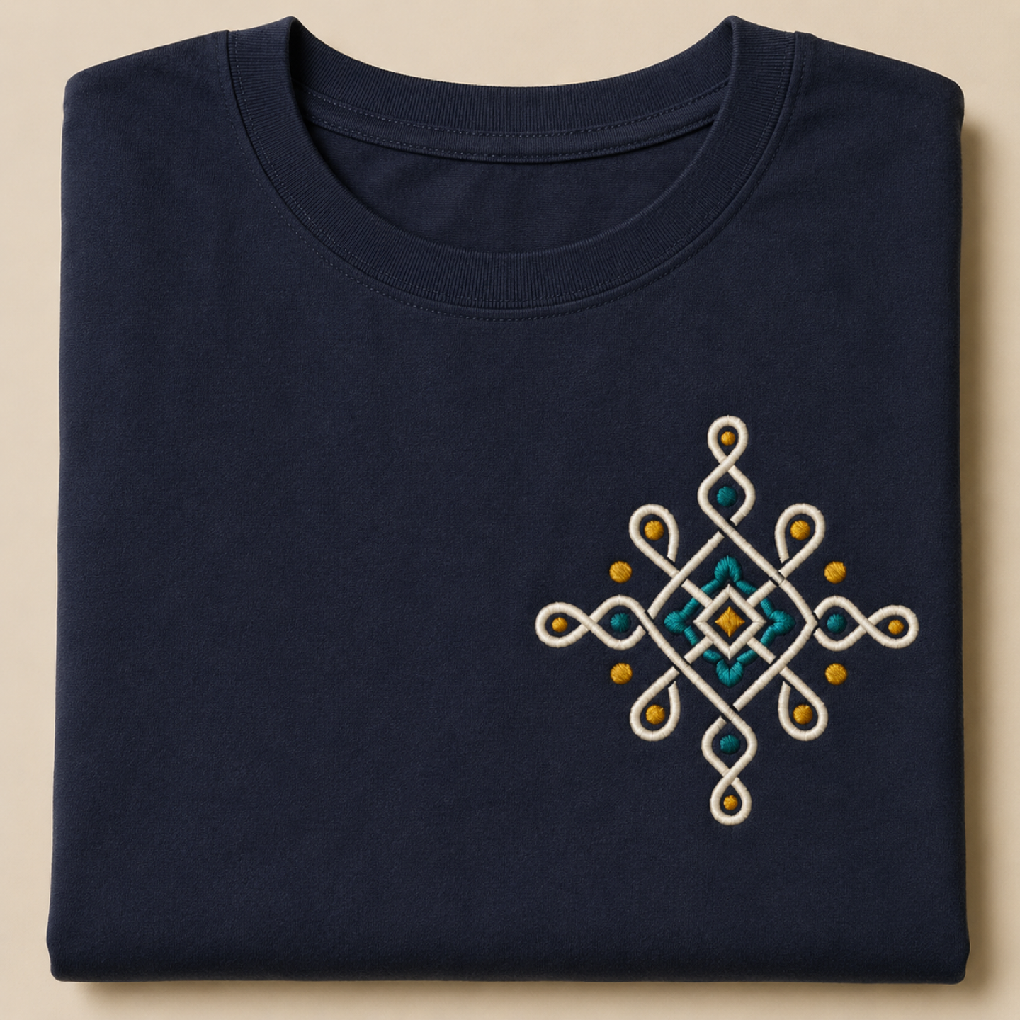 Deep indigo t-shirt with an embroidered white and gold kolam chest motif