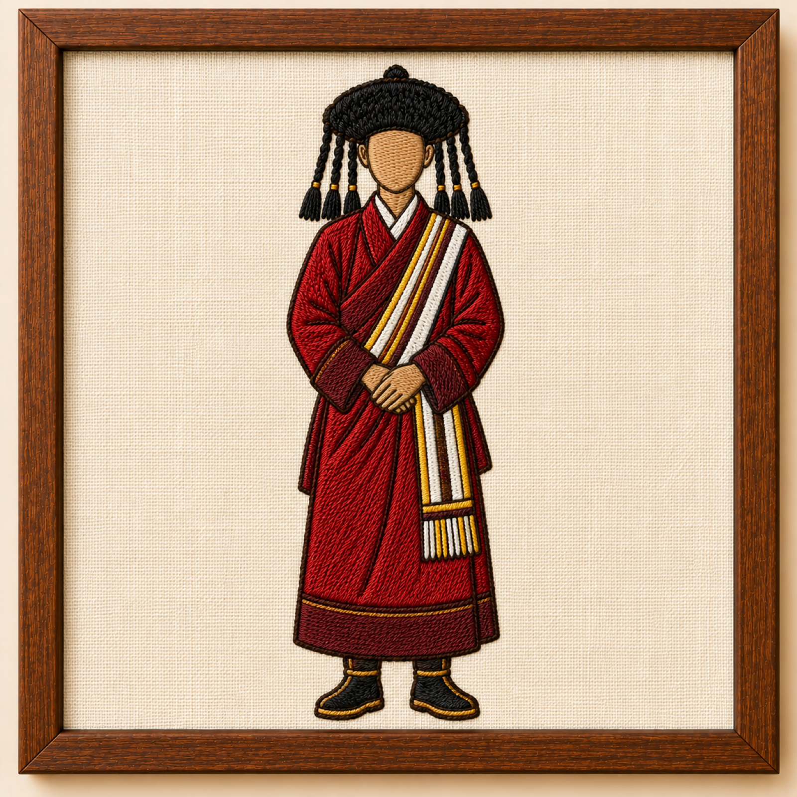 Machine-embroidered Monpa figure in yak-hair tasselled hat and red robe, framed panel