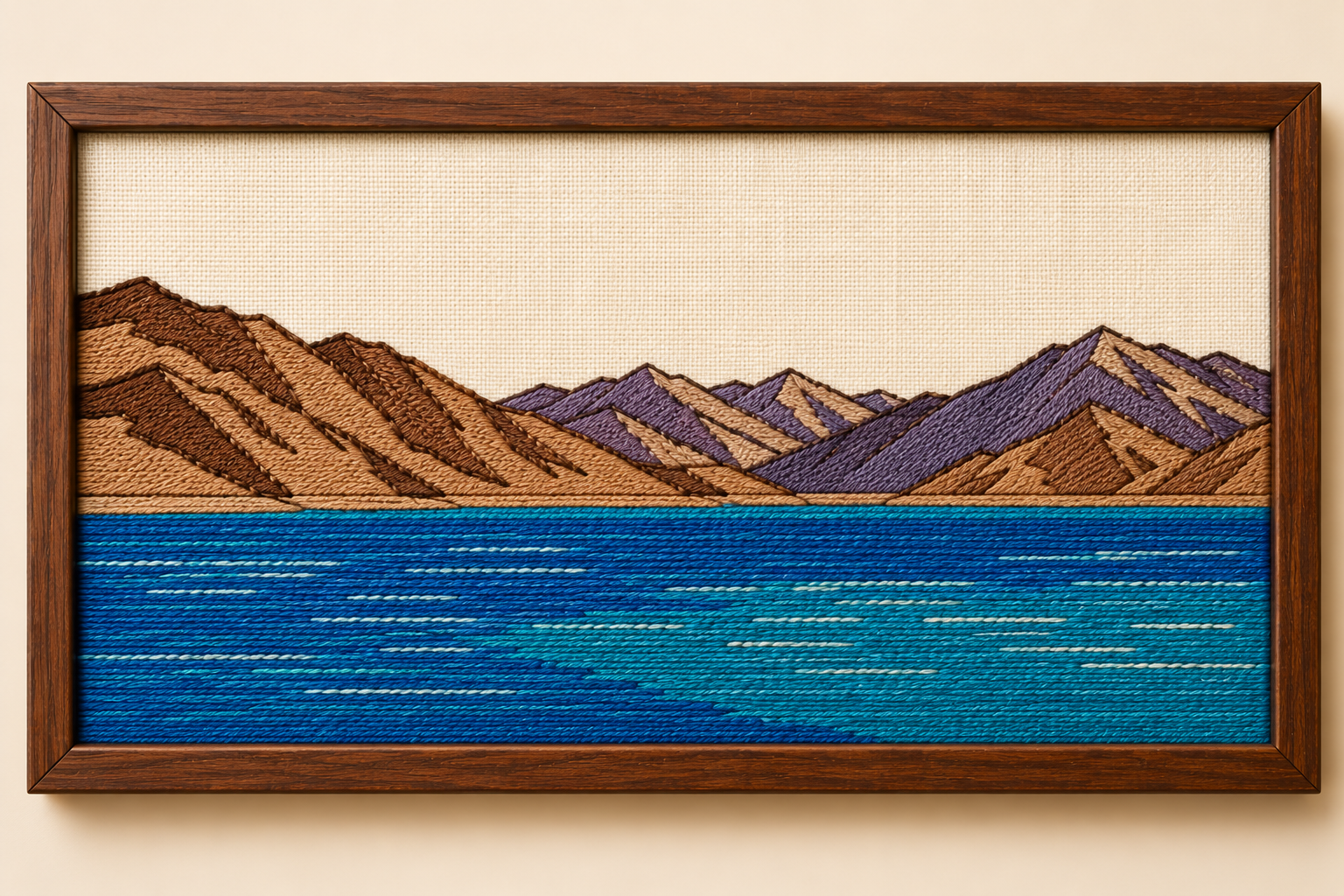 Machine-embroidered Pangong Lake with barren Himalayan mountains, Ladakh