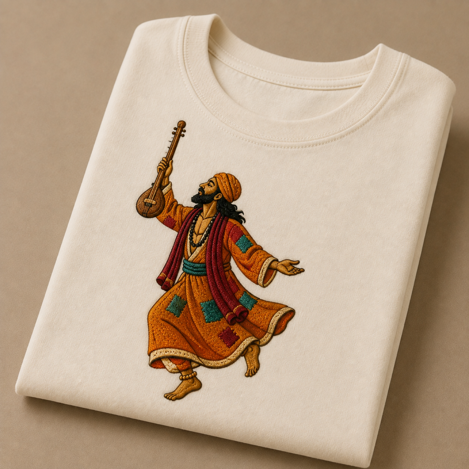 Machine-embroidered Baul singer on a t-shirt