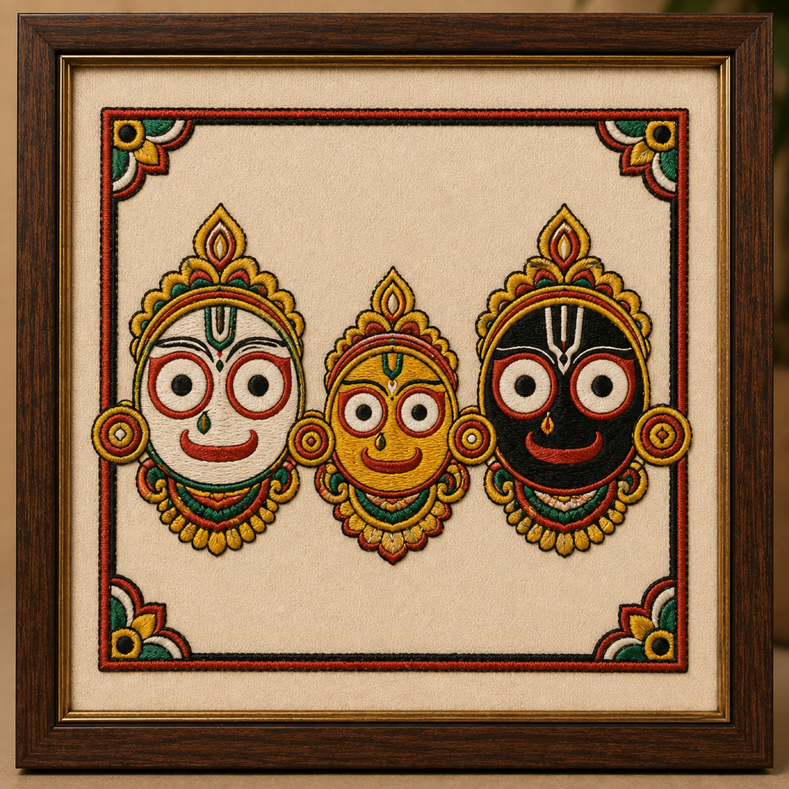Machine-embroidered Pattachitra Jagannath framed panel