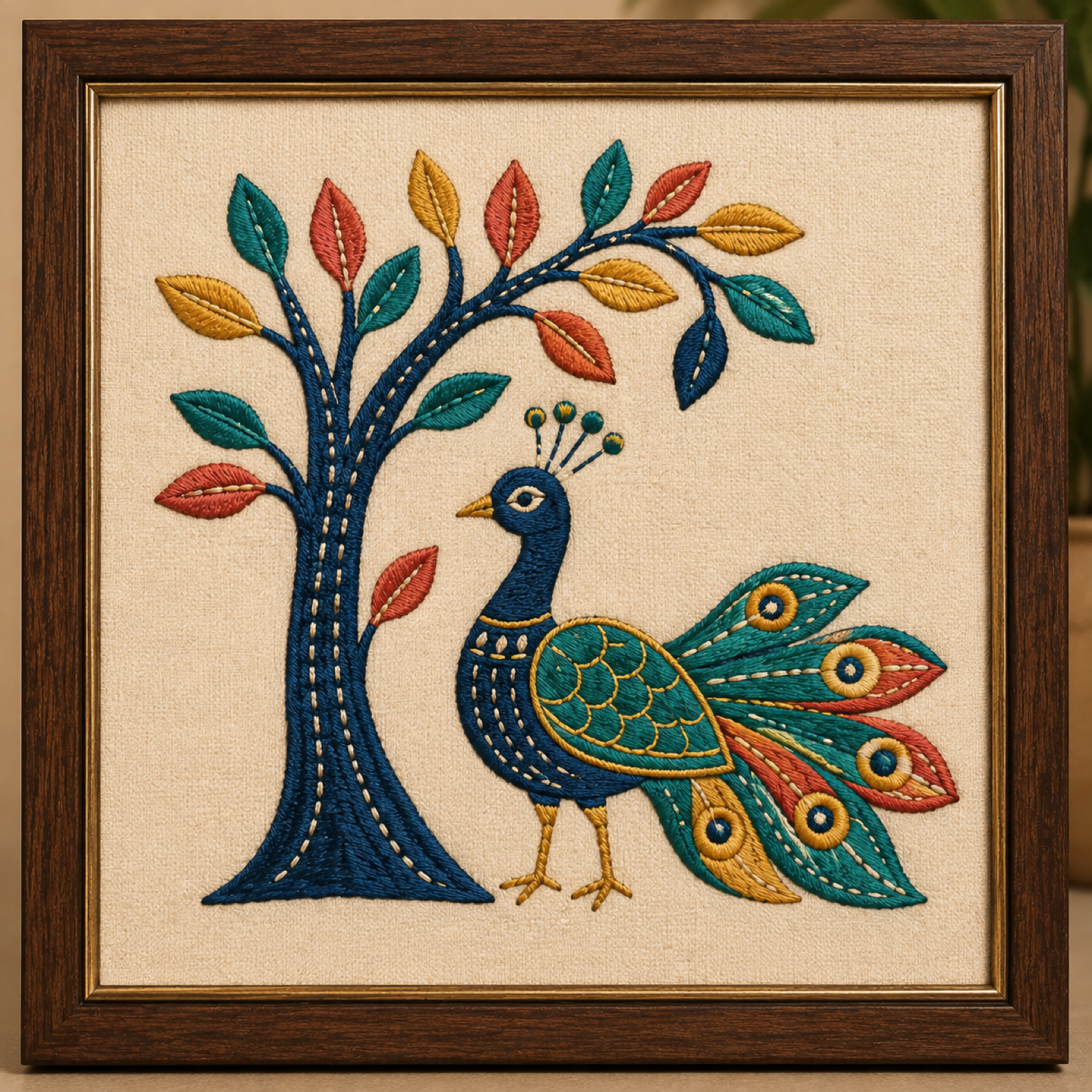 Machine-embroidered Gond Tree of Life with peacock, framed