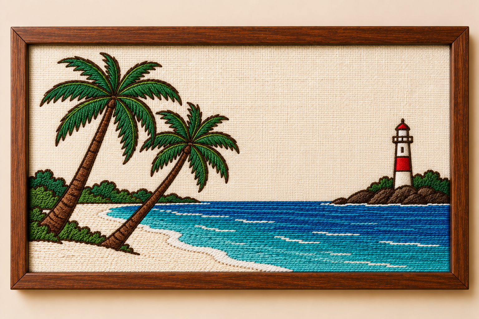 Machine-embroidered Andaman beach with palms and a lighthouse