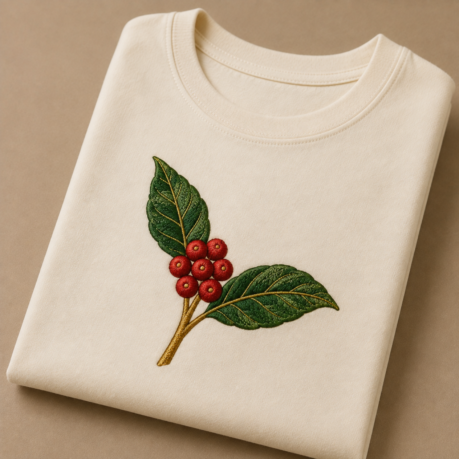 Machine-embroidered coffee branch on a t-shirt