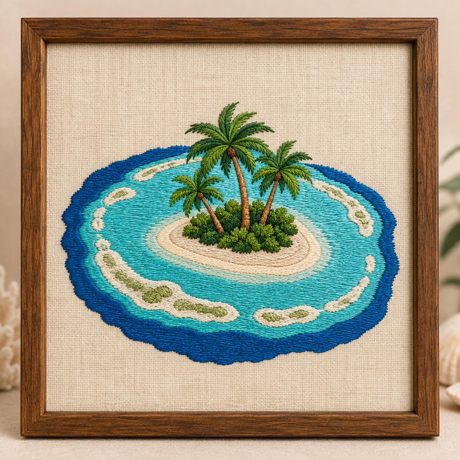Machine-embroidered Lakshadweep coral atoll with palm island and turquoise lagoon