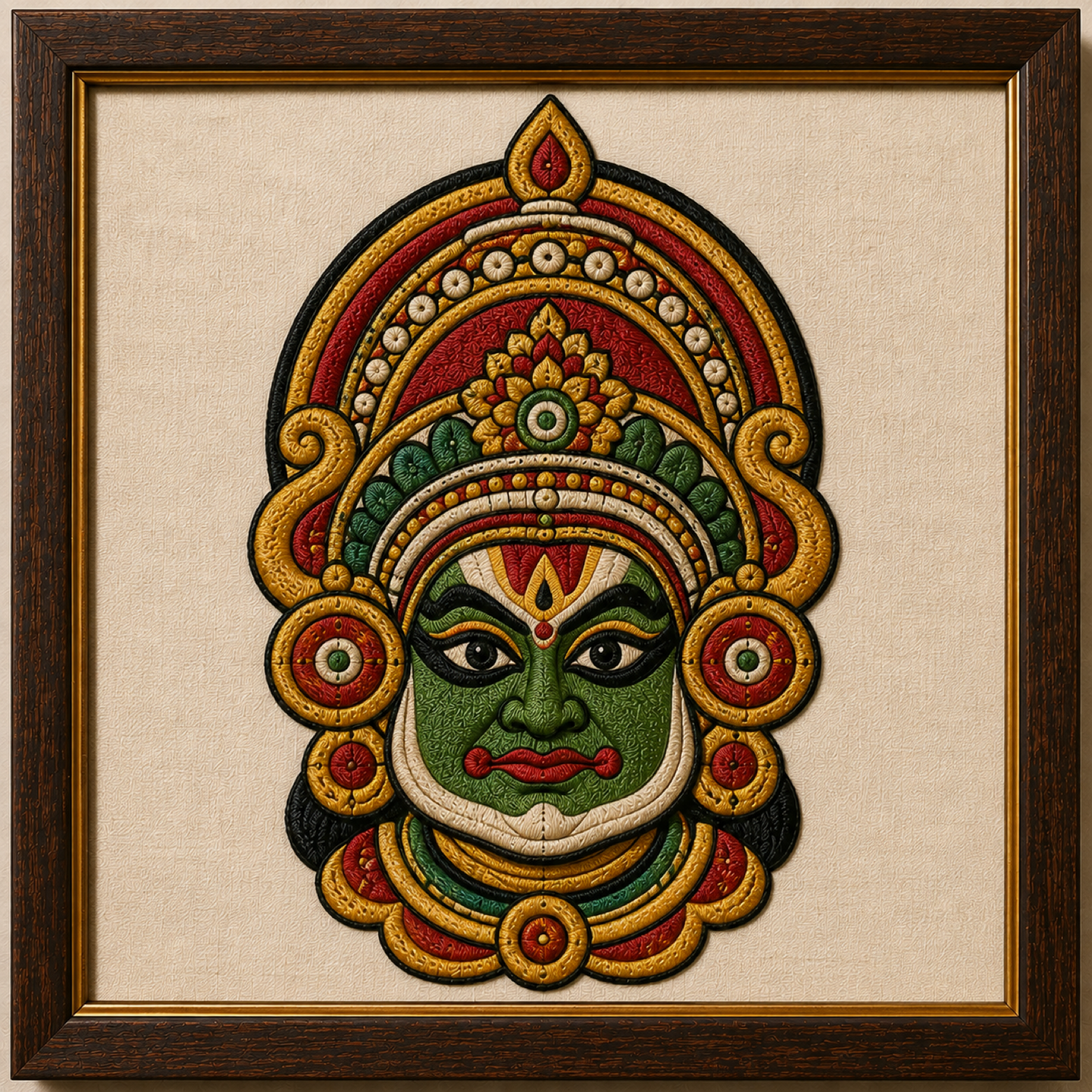 Machine-embroidered Yakshagana face framed panel