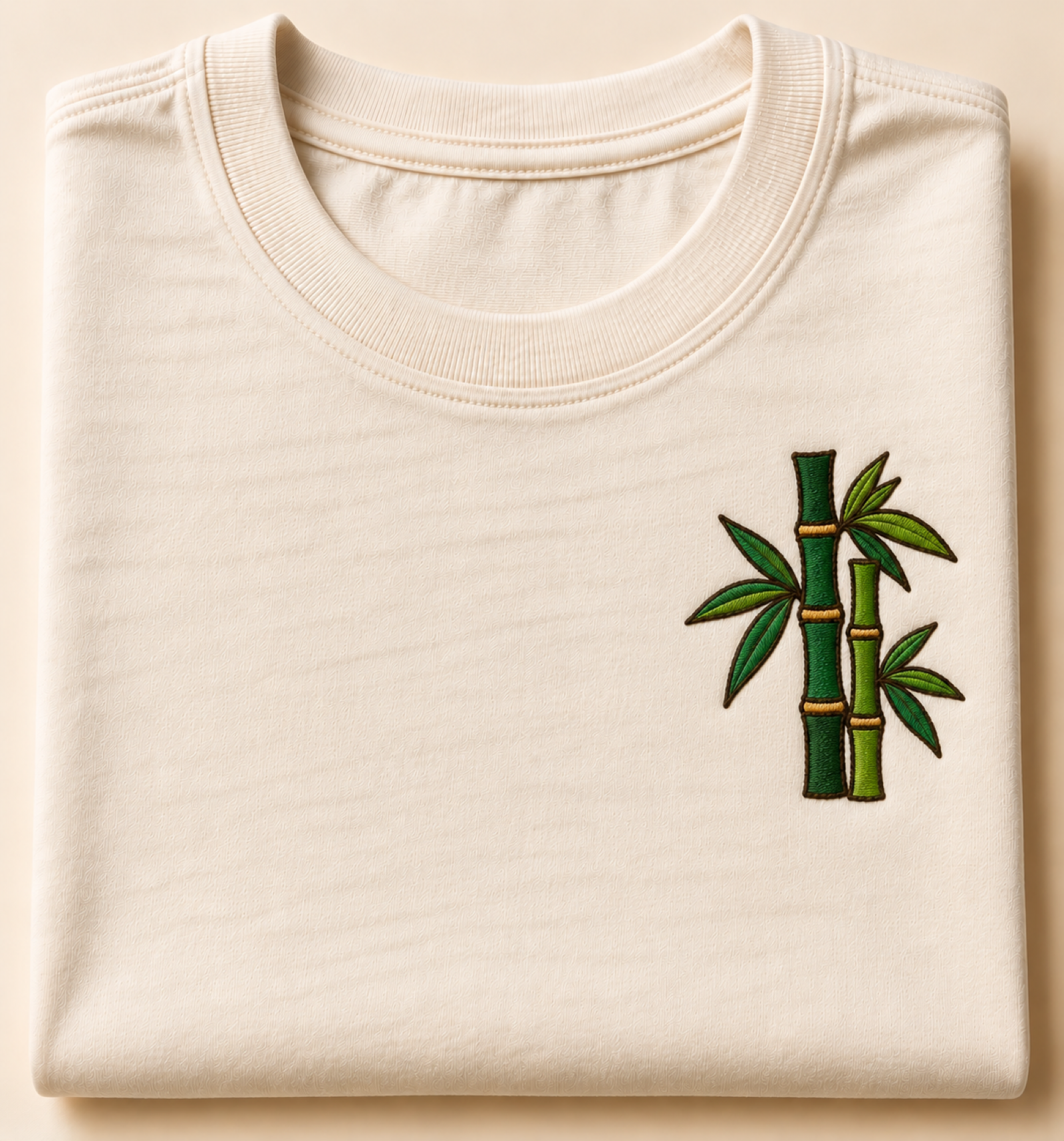 Machine-embroidered green bamboo cluster on a t-shirt, Mizoram