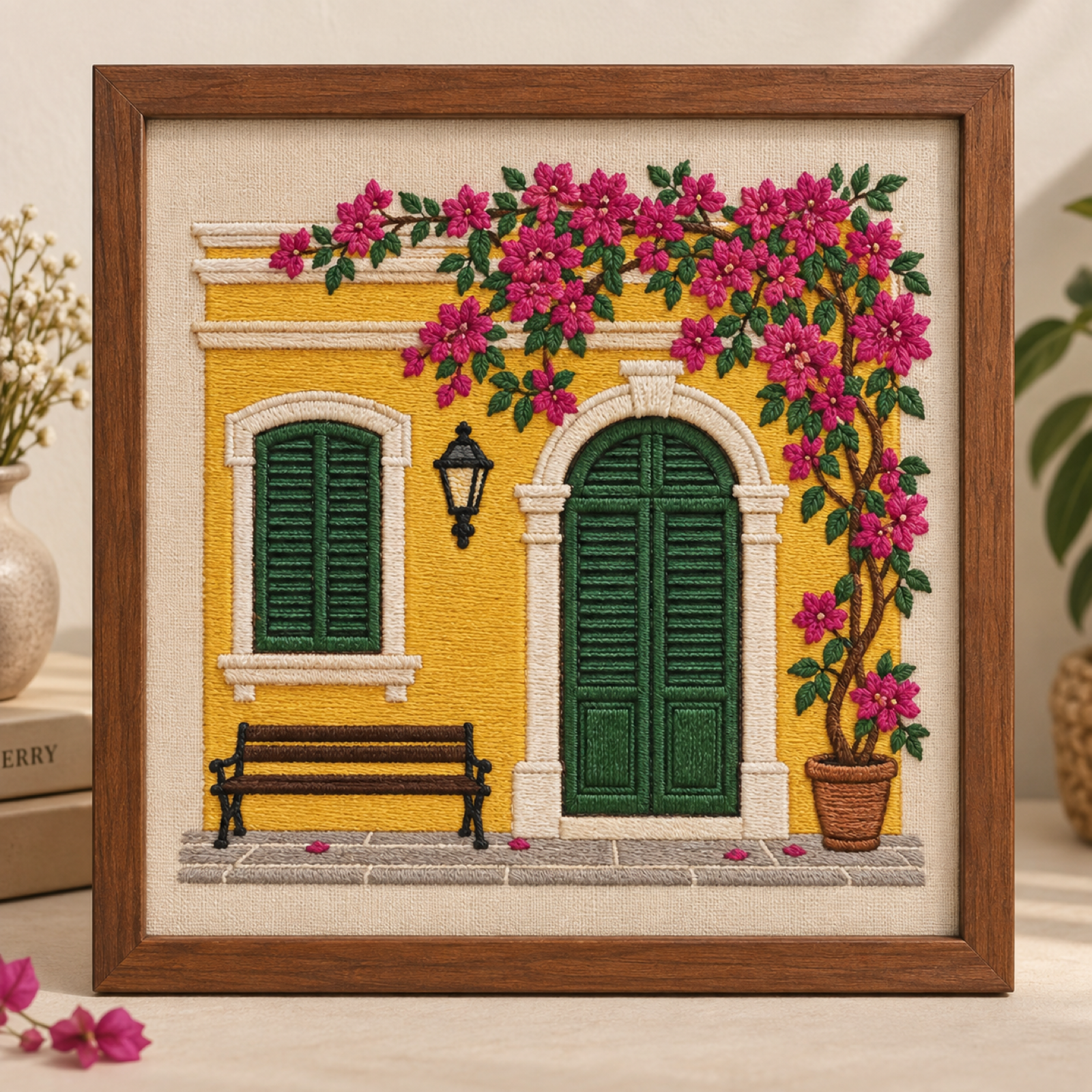 Machine-embroidered Puducherry French Quarter facade with bougainvillea
