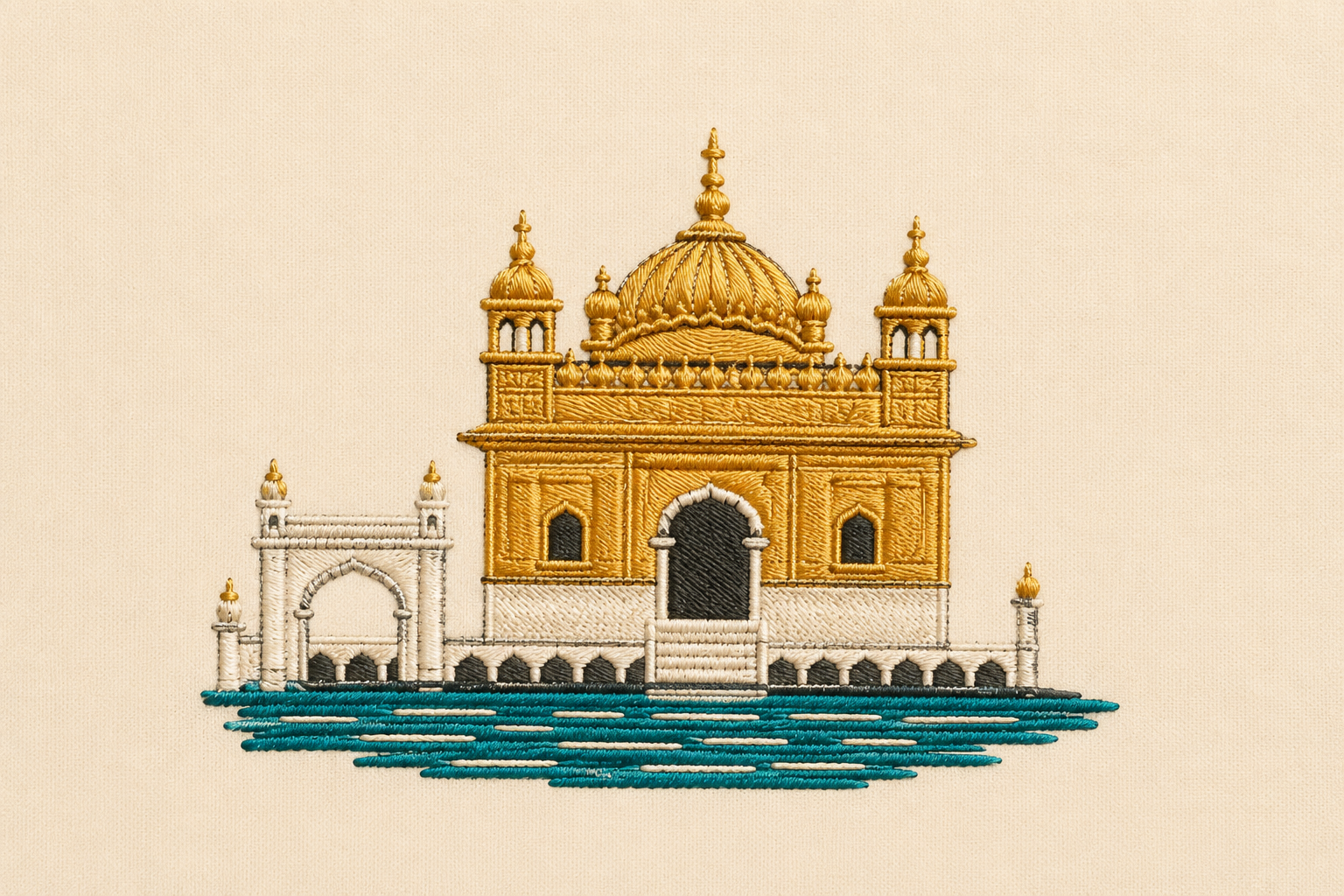 Machine-embroidered Golden Temple emblem in gold, ivory and teal on cream fabric