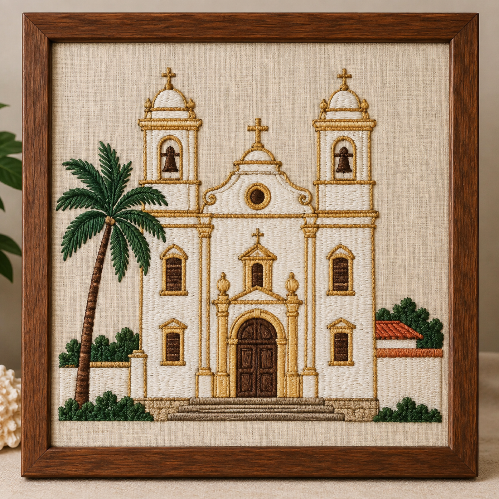 Machine-embroidered Portuguese colonial church with twin bell towers, framed panel, Daman & Diu