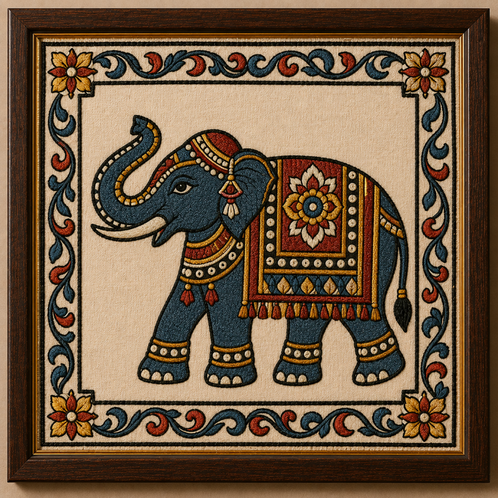 Machine-embroidered Kalamkari elephant framed panel
