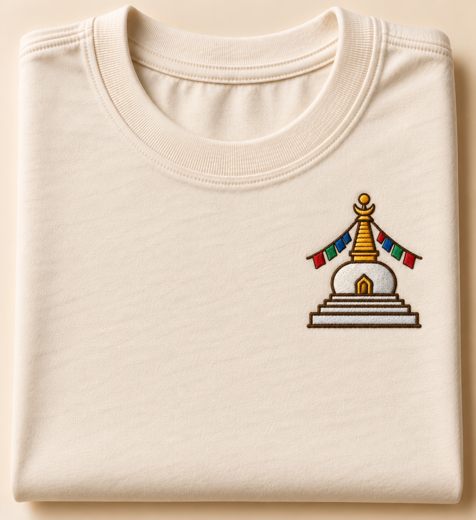 Machine-embroidered white Buddhist chorten stupa with prayer flags on a t-shirt, Ladakh