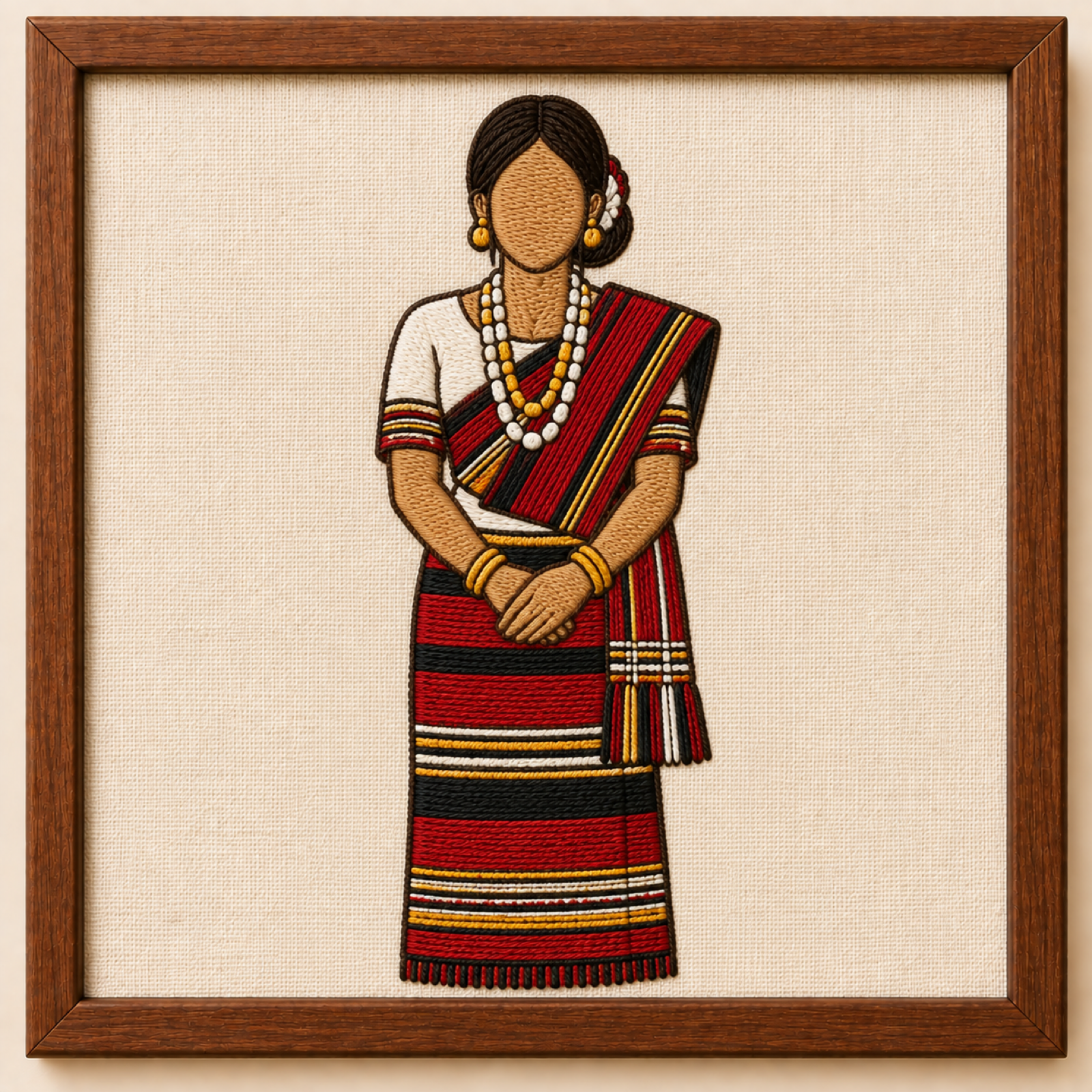 Machine-embroidered Tripuri woman in Rignai wrap and Risa handloom shawl, framed panel