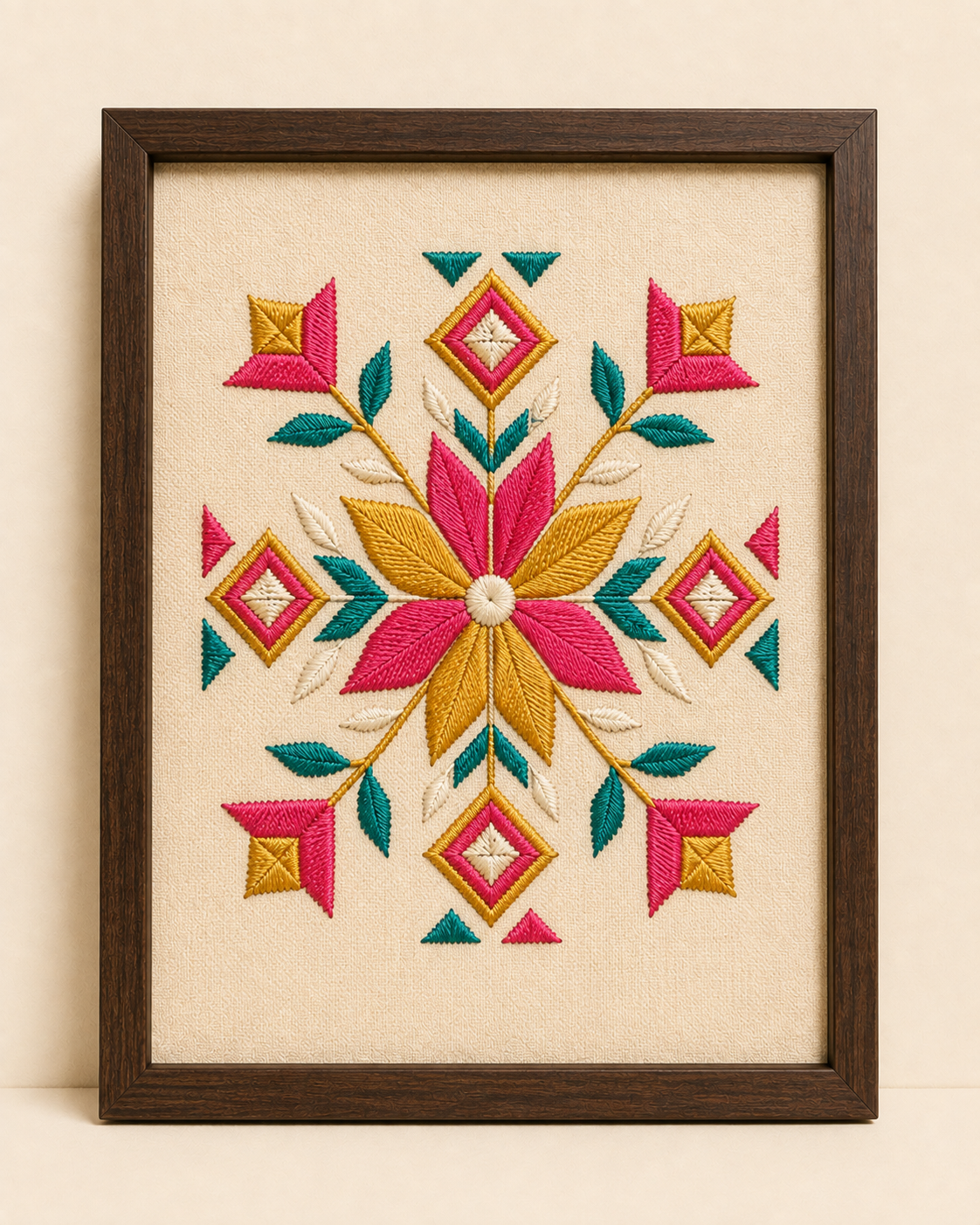 Framed embroidered Phulkari-style Punjabi floral in gold, pink and teal