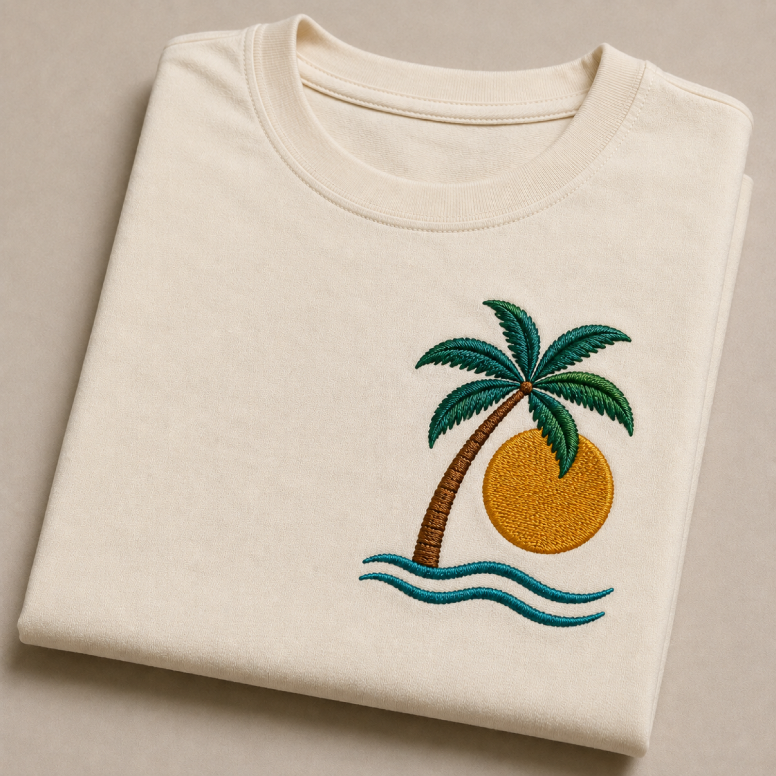 Machine-embroidered Goa beach palm on a t-shirt