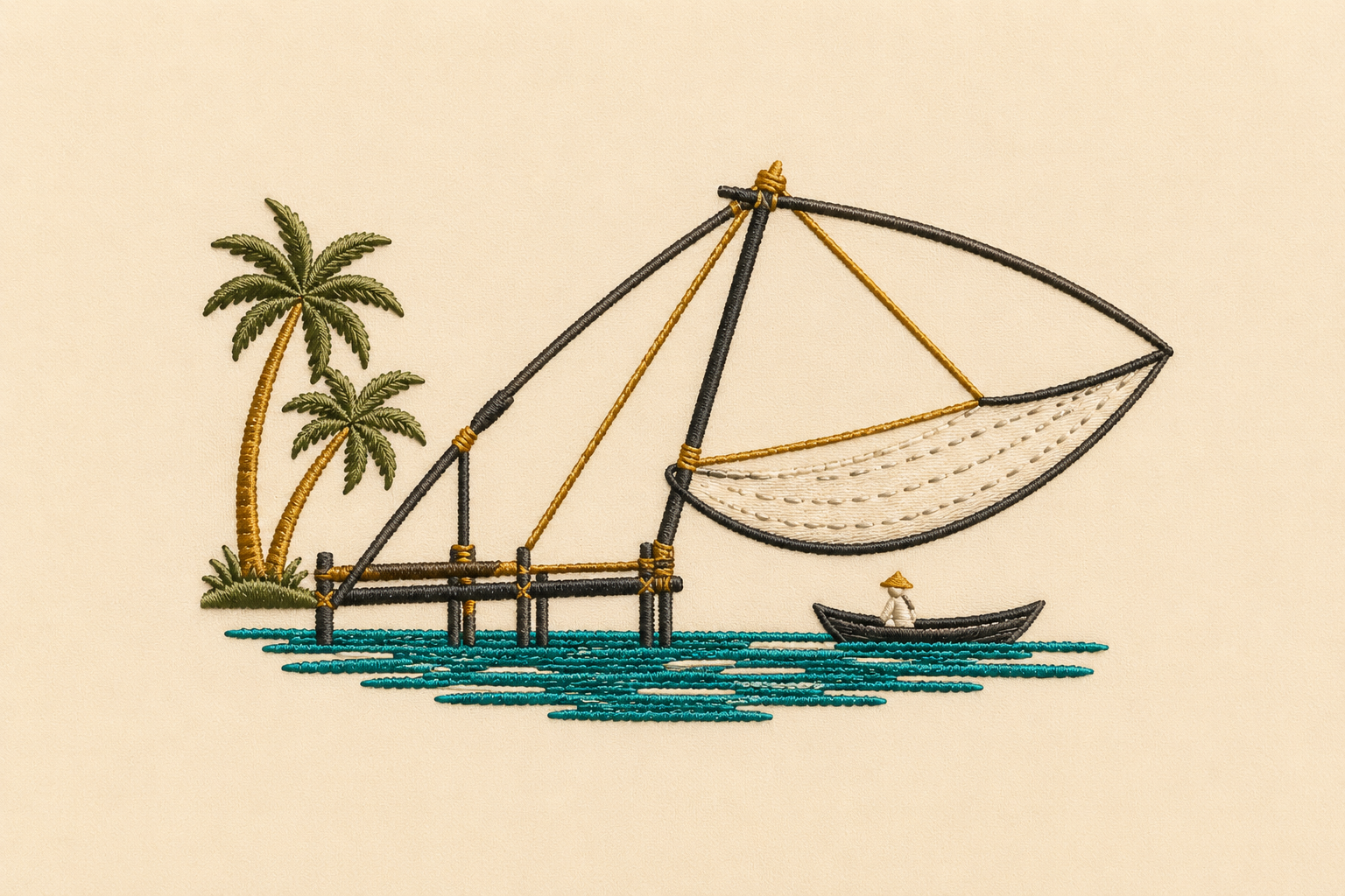 Machine-embroidered Chinese fishing nets of Kochi with palms and boat on cream