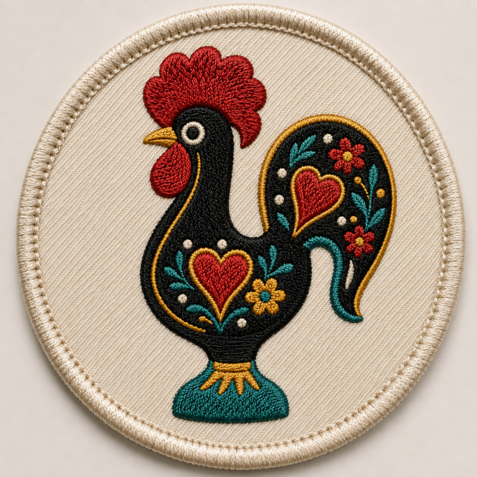 Machine-embroidered Galo rooster round patch