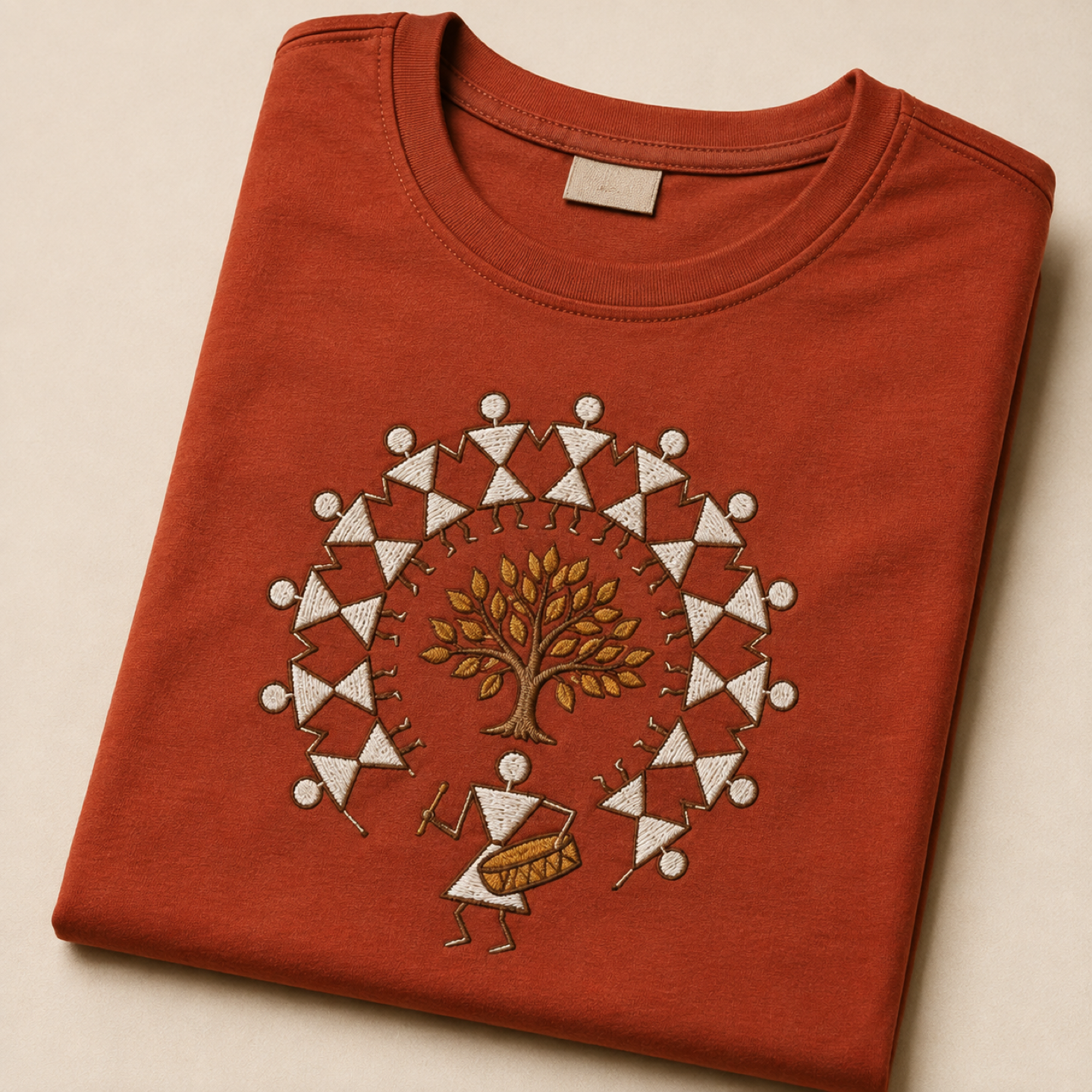 Terracotta t-shirt with an embroidered white Warli tarpa-dance chest motif