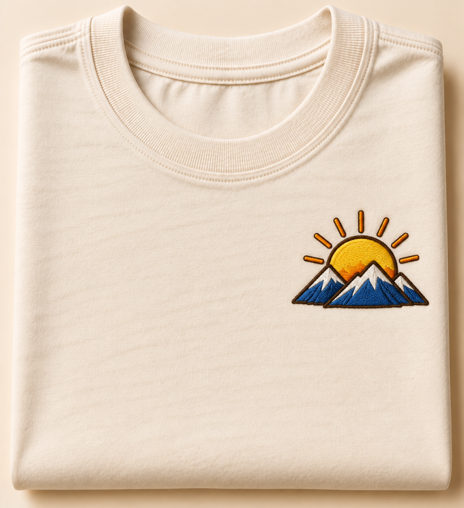 Machine-embroidered rising sun over mountain peaks on a t-shirt, Arunachal Pradesh