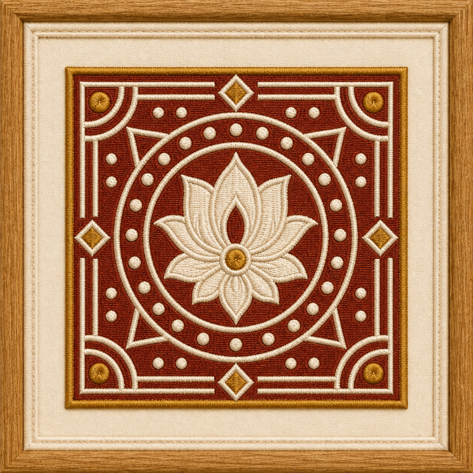 Machine-embroidered Aipan folk-art lotus motif, framed panel