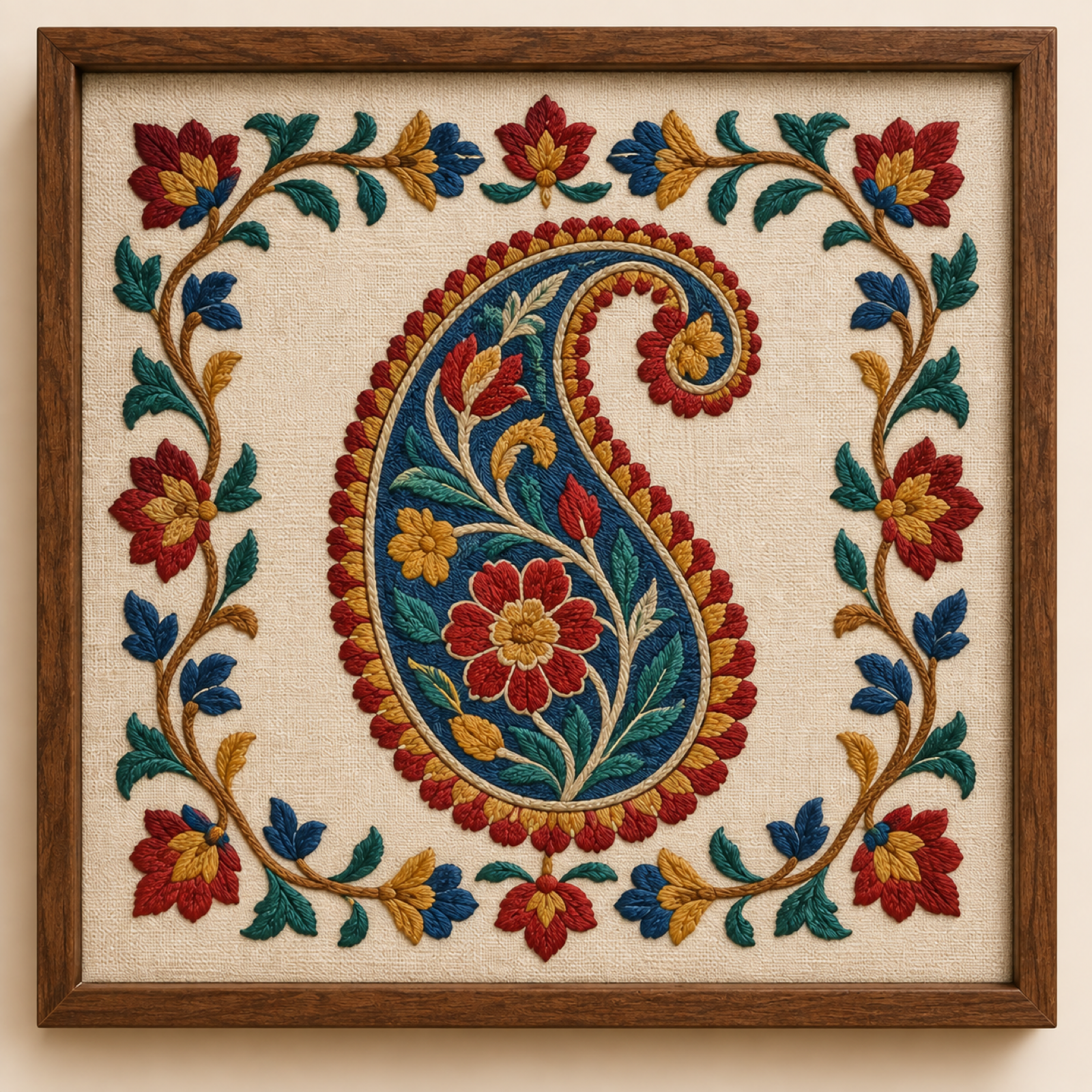 Machine-embroidered Kashmiri kani paisley motif, framed panel