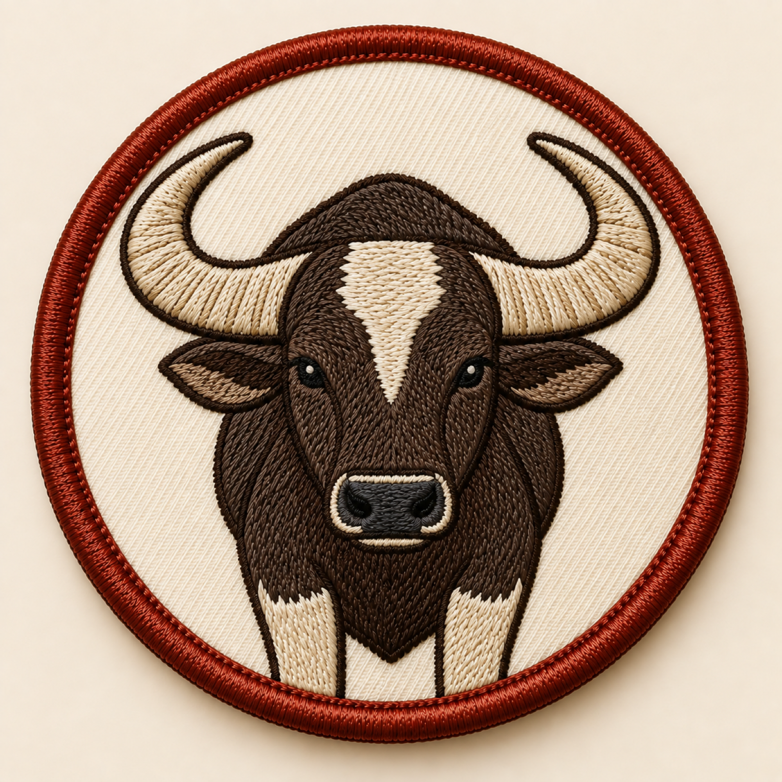 Machine-embroidered Mithun gayal bovine head round patch, Nagaland state animal
