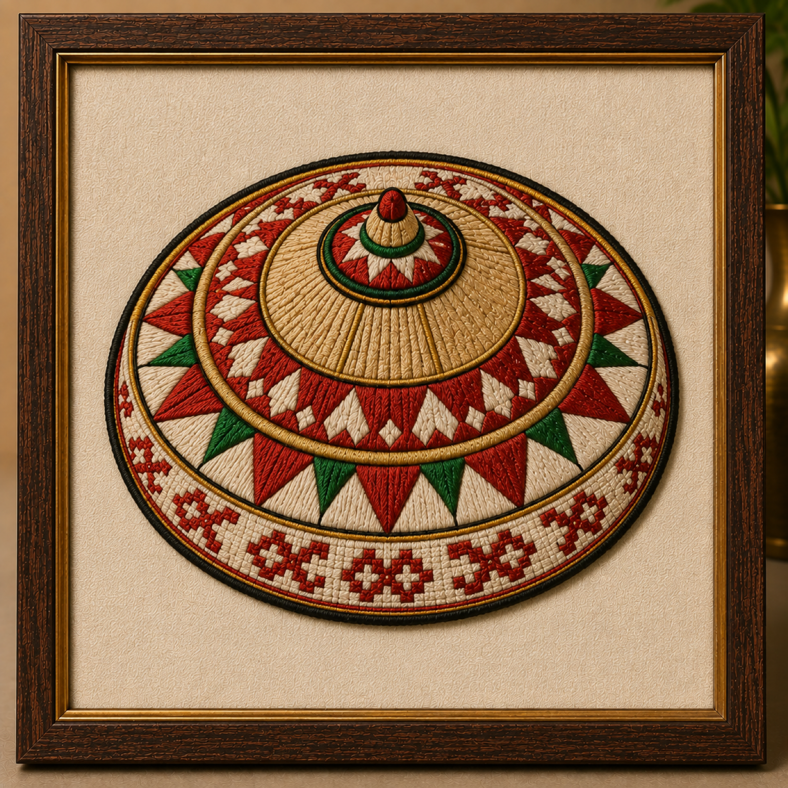 Machine-embroidered Assamese Jaapi framed panel