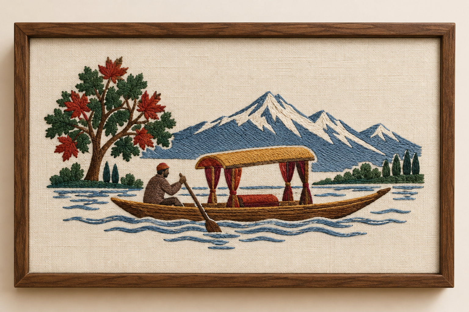 Machine-embroidered Dal Lake shikara boat with chinar and mountains, Kashmir