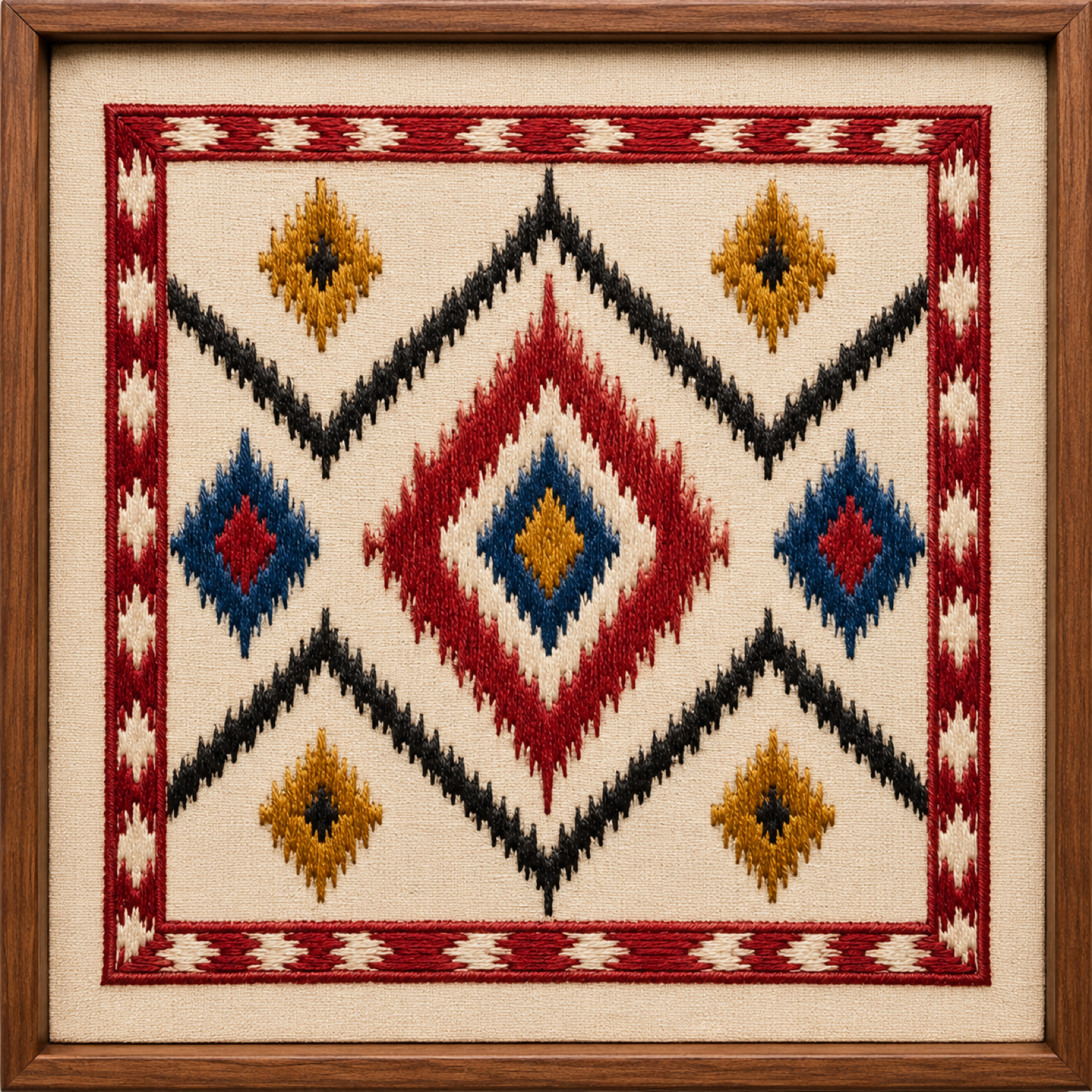 Machine-embroidered Pochampally ikat framed panel