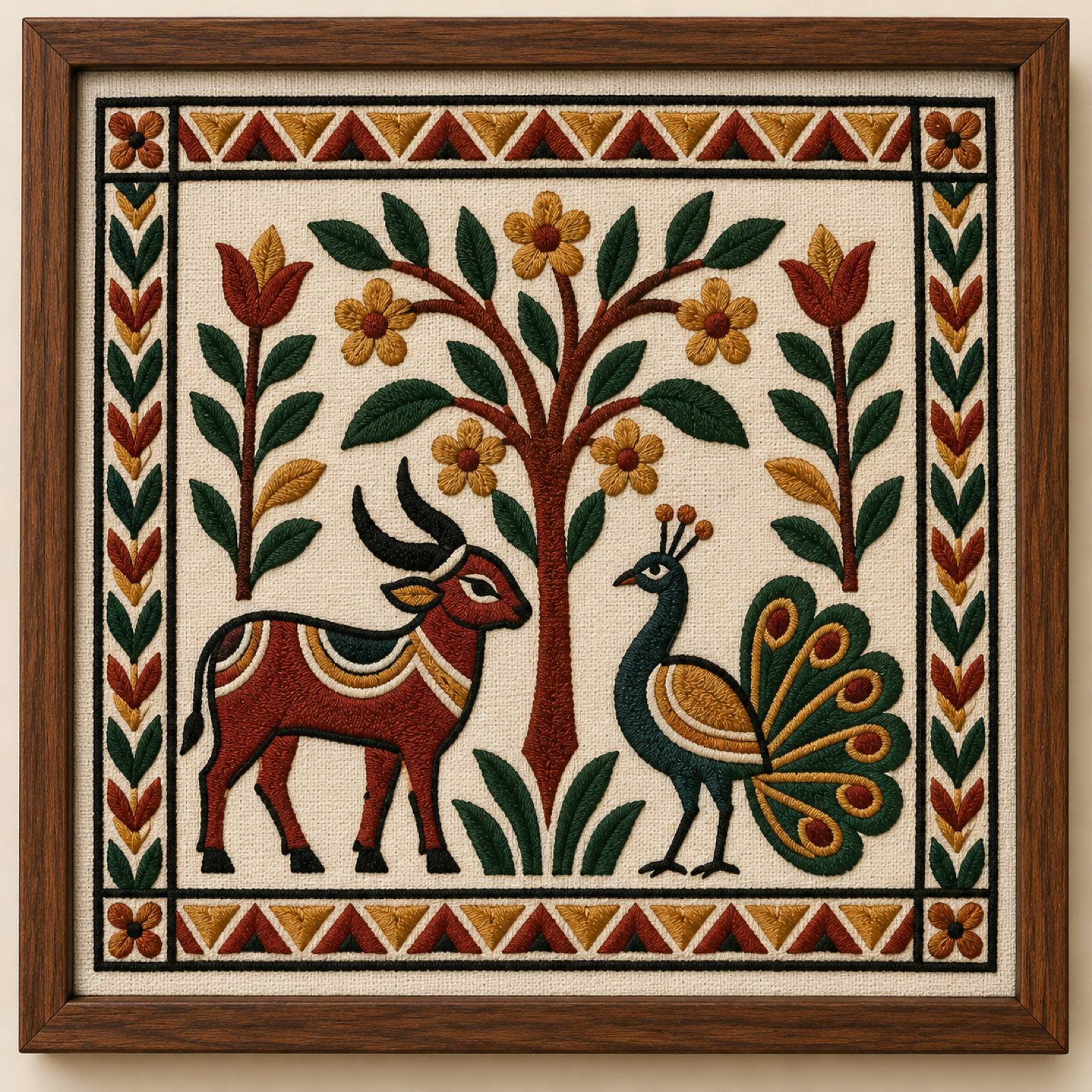 Machine-embroidered Sohrai tribal folk-art motif, framed panel