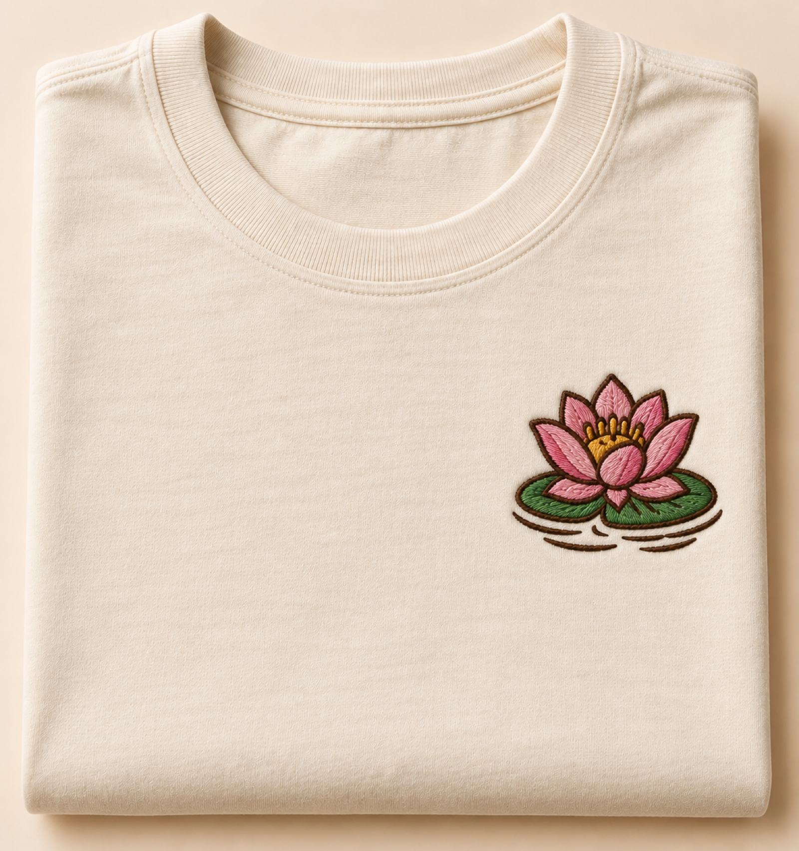 Machine-embroidered lotus flower on a lily pad on a t-shirt, Manipur