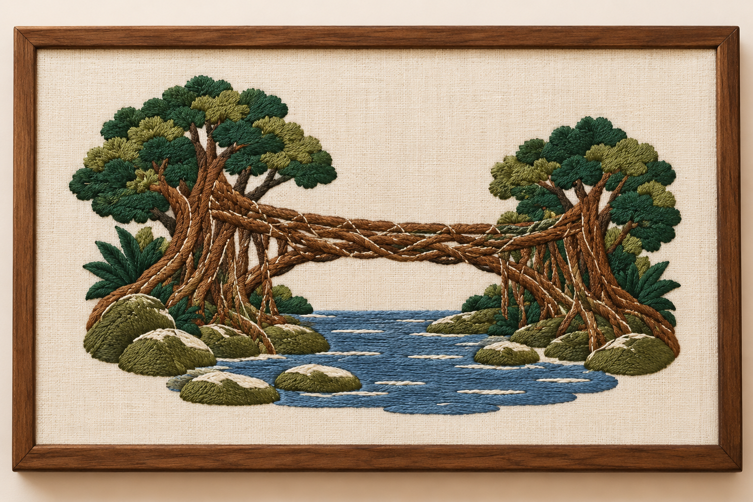 Machine-embroidered Meghalaya living root bridge over a stream, Khasi hills