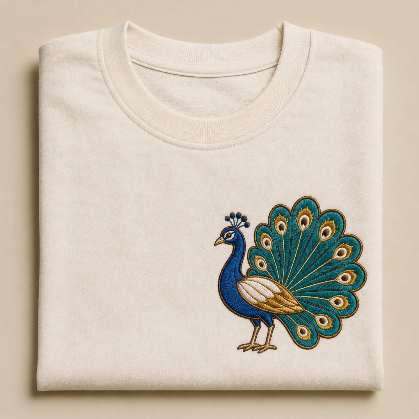 Off-white t-shirt with an embroidered Gujarati folk peacock chest motif